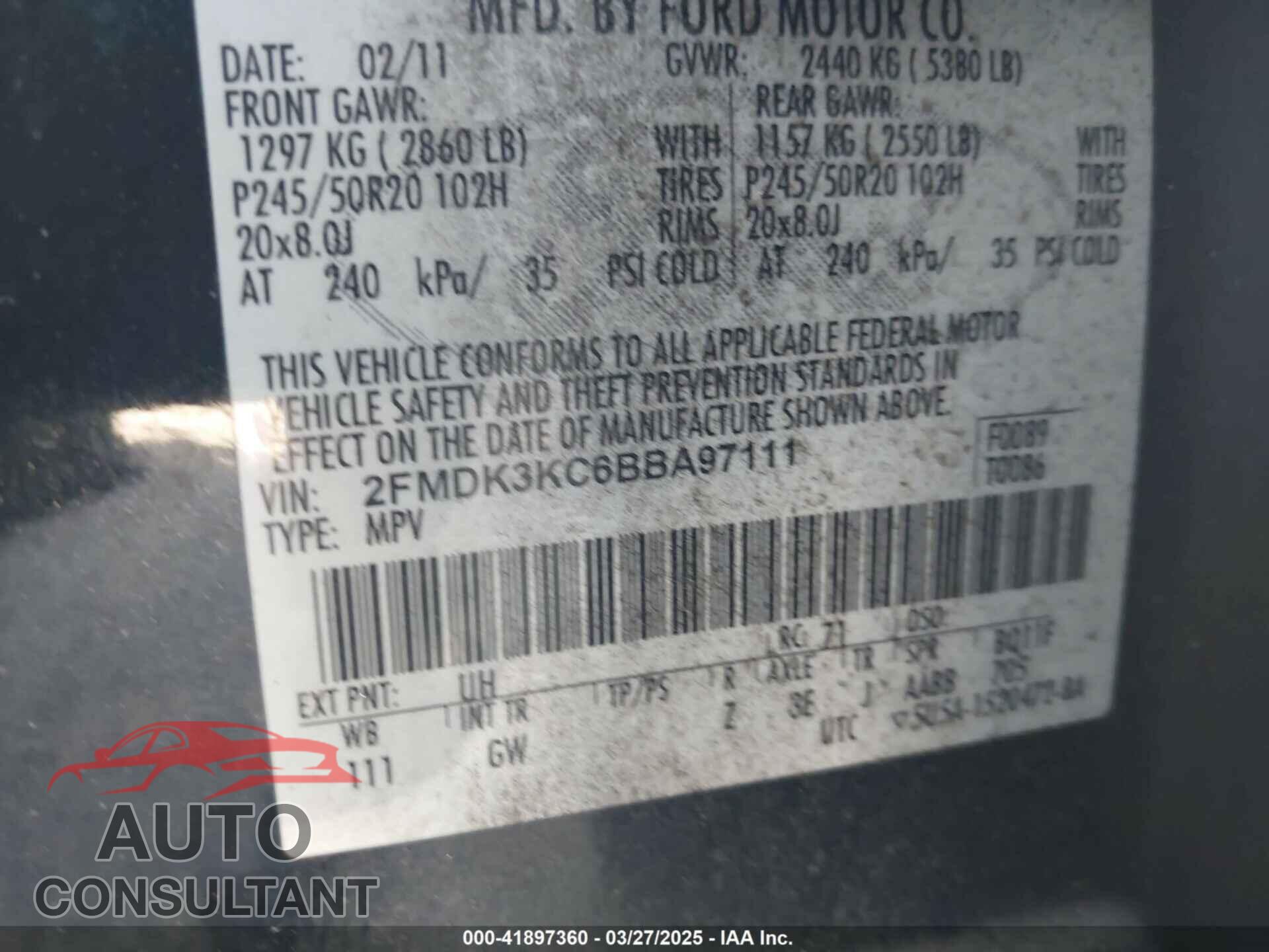 FORD EDGE 2011 - 2FMDK3KC6BBA97111