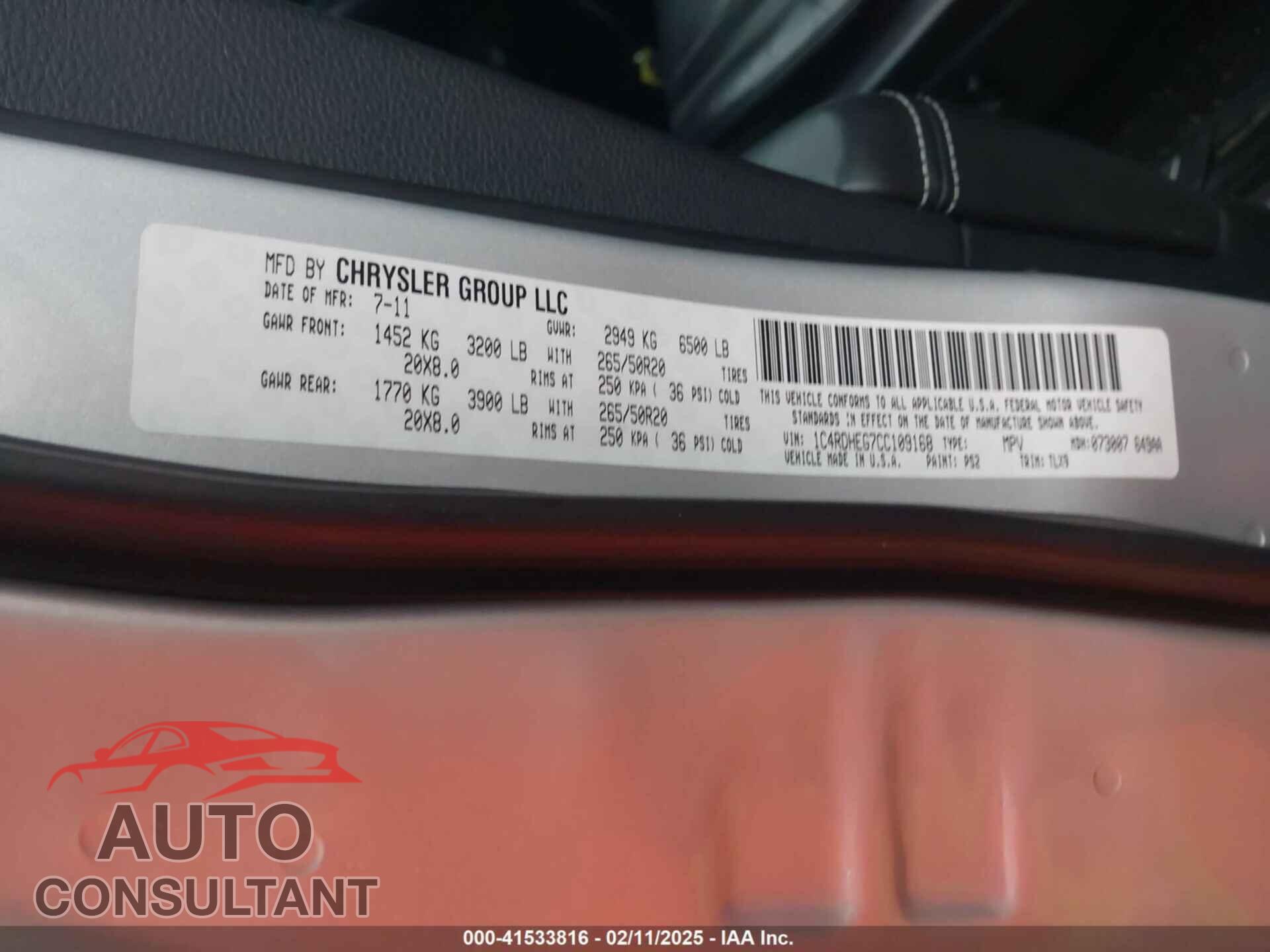 DODGE DURANGO 2012 - 1C4RDHEG7CC109168