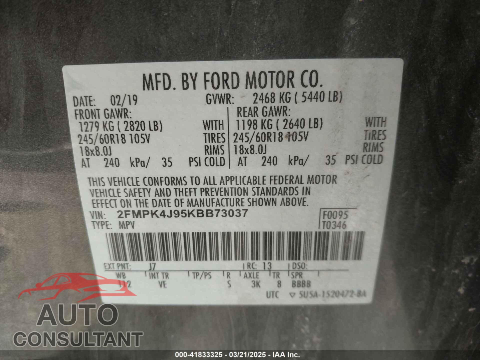 FORD EDGE 2019 - 2FMPK4J95KBB73037
