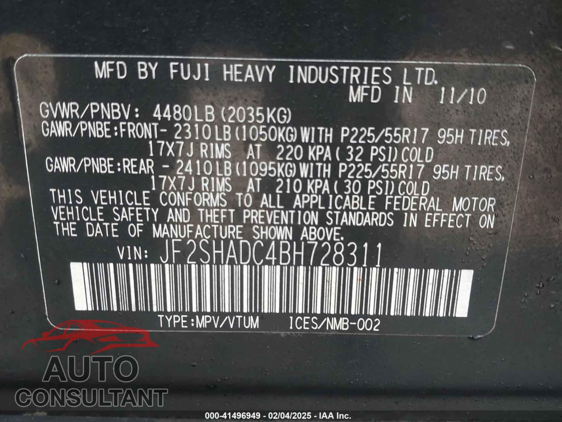 SUBARU FORESTER 2011 - JF2SHADC4BH728311