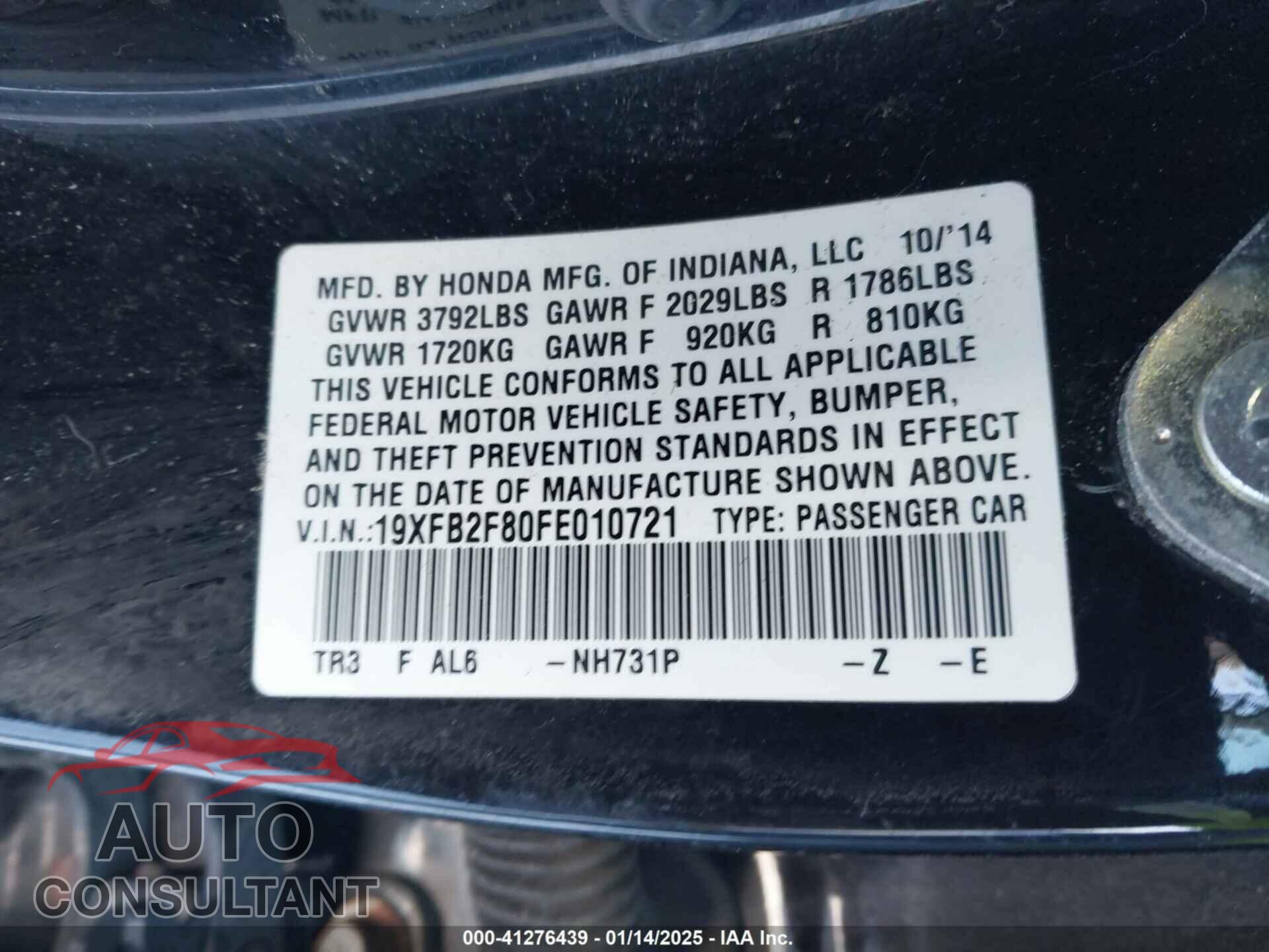 HONDA CIVIC 2015 - 19XFB2F80FE010721
