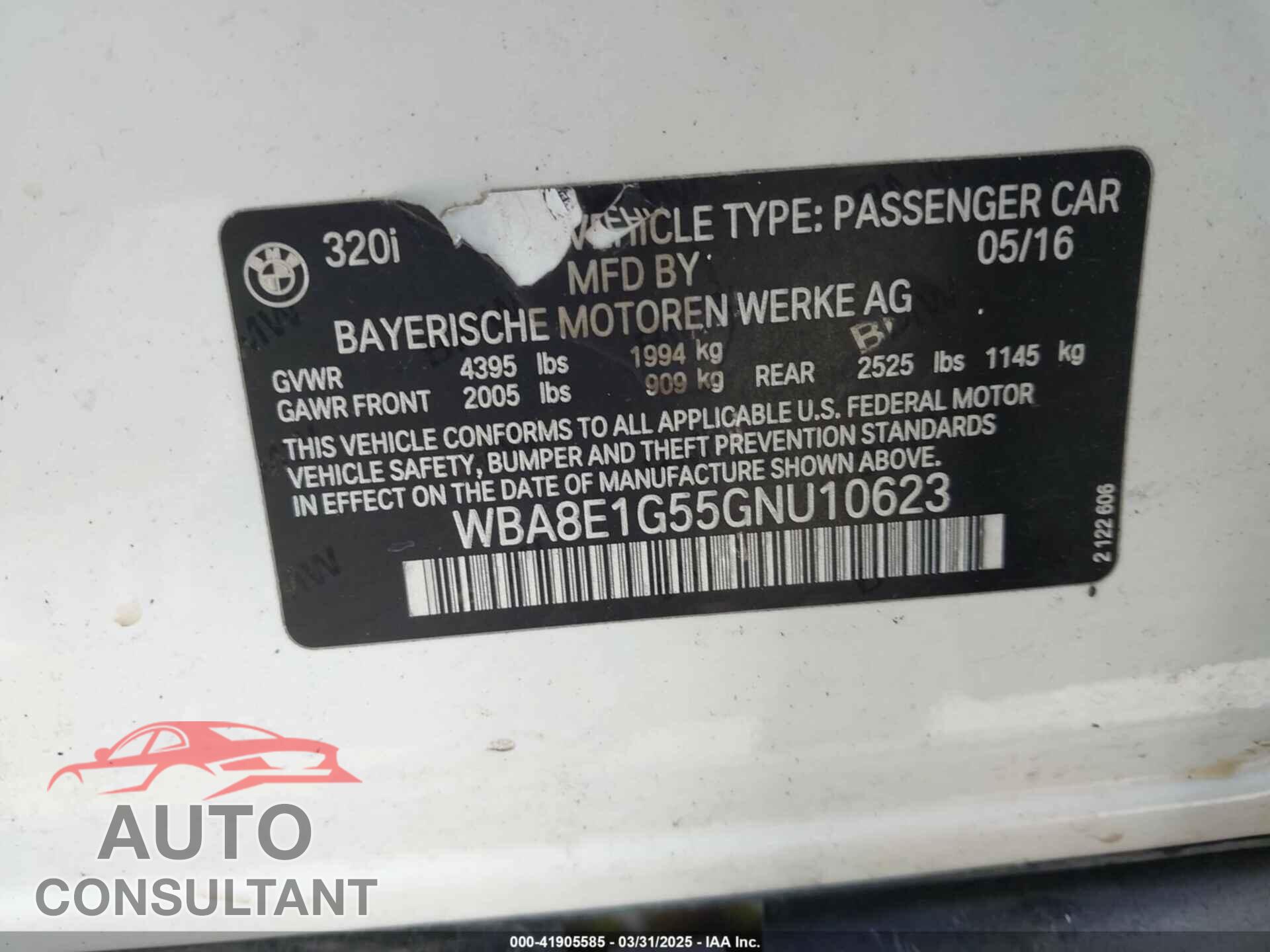 BMW 320I 2016 - WBA8E1G55GNU10623