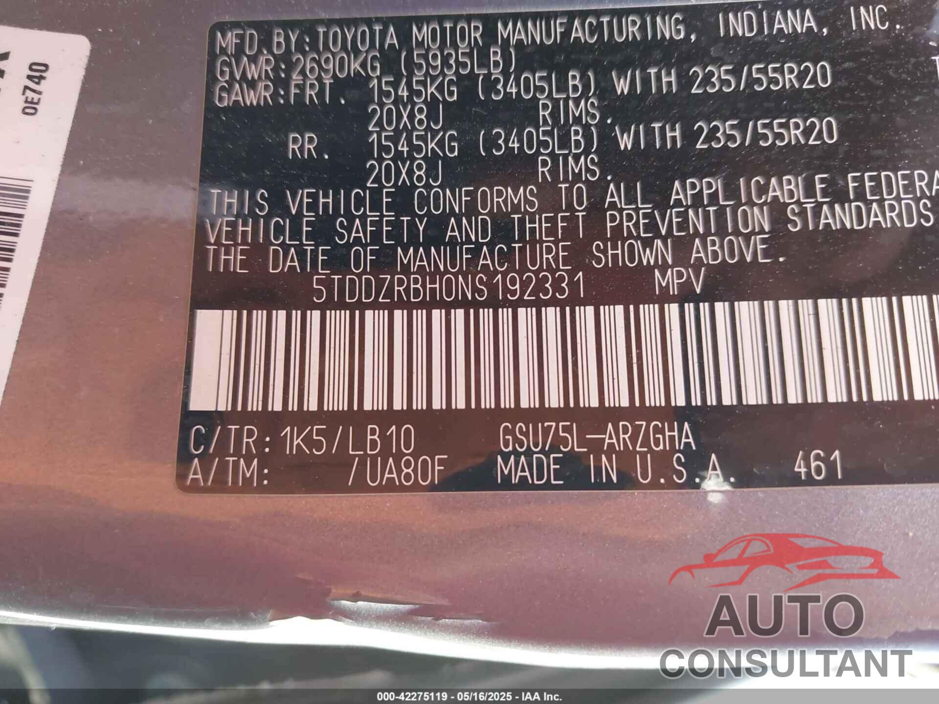 TOYOTA HIGHLANDER 2022 - 5TDDZRBH0NS192331