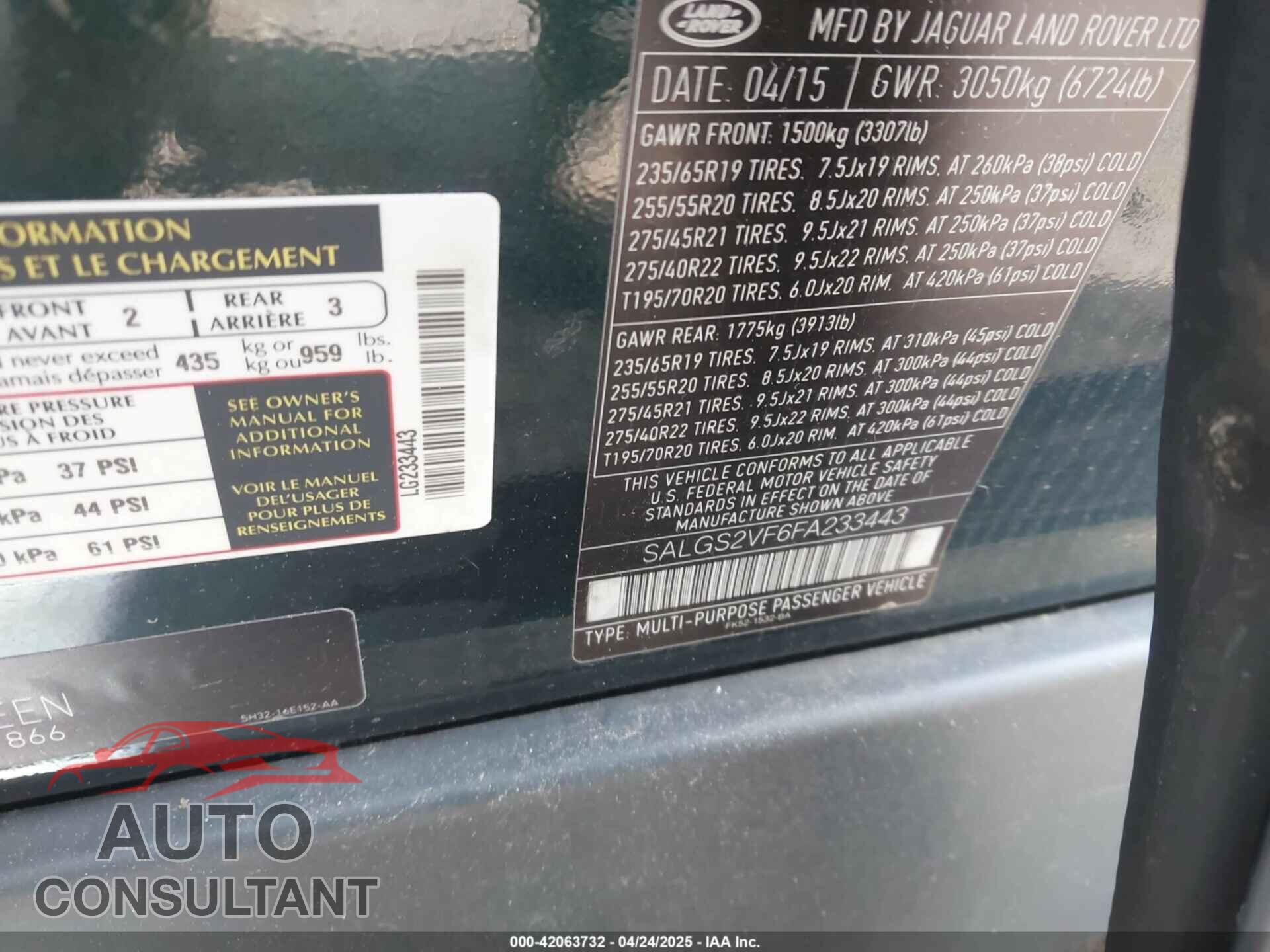 LAND ROVER RANGE ROVER 2015 - SALGS2VF6FA233443