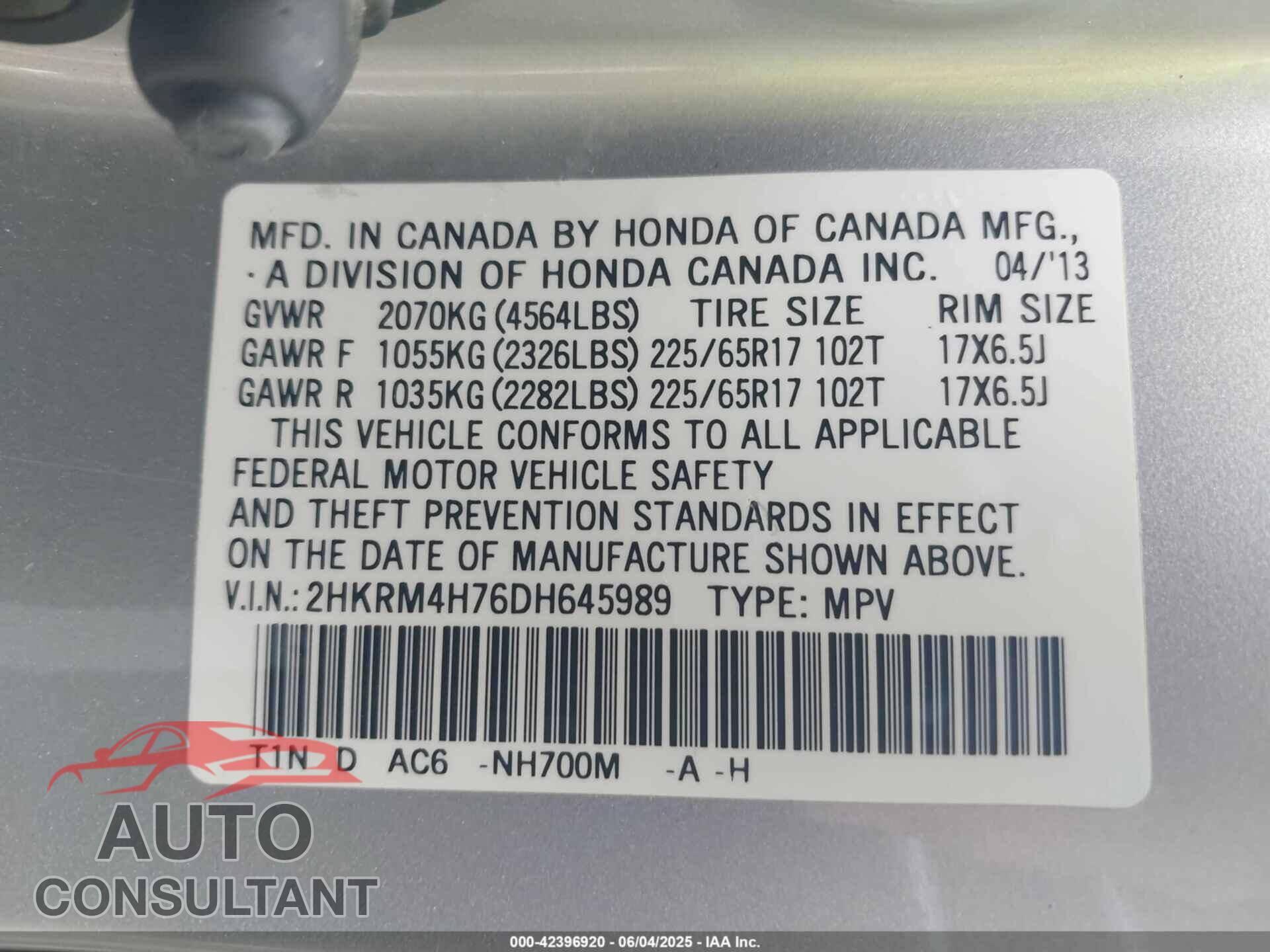 HONDA CR-V 2013 - 2HKRM4H76DH645989