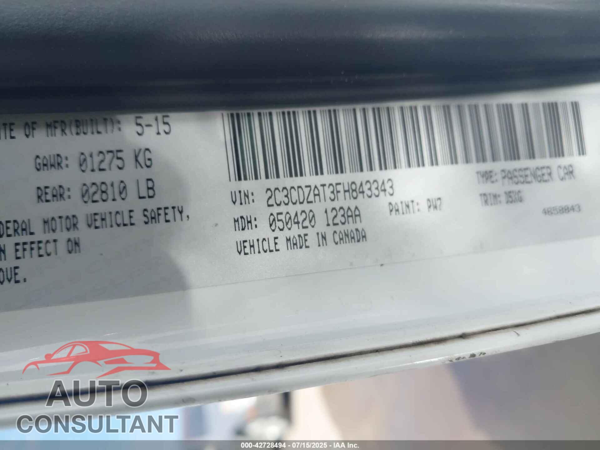 DODGE CHALLENGER 2015 - 2C3CDZAT3FH843343