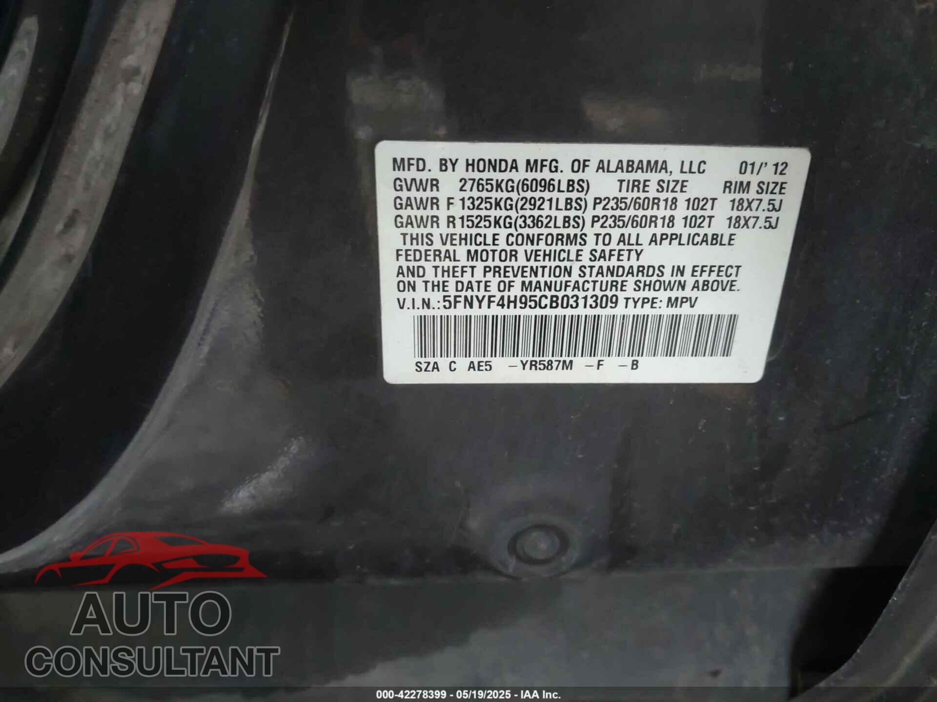 HONDA PILOT 2012 - 5FNYF4H95CB031309