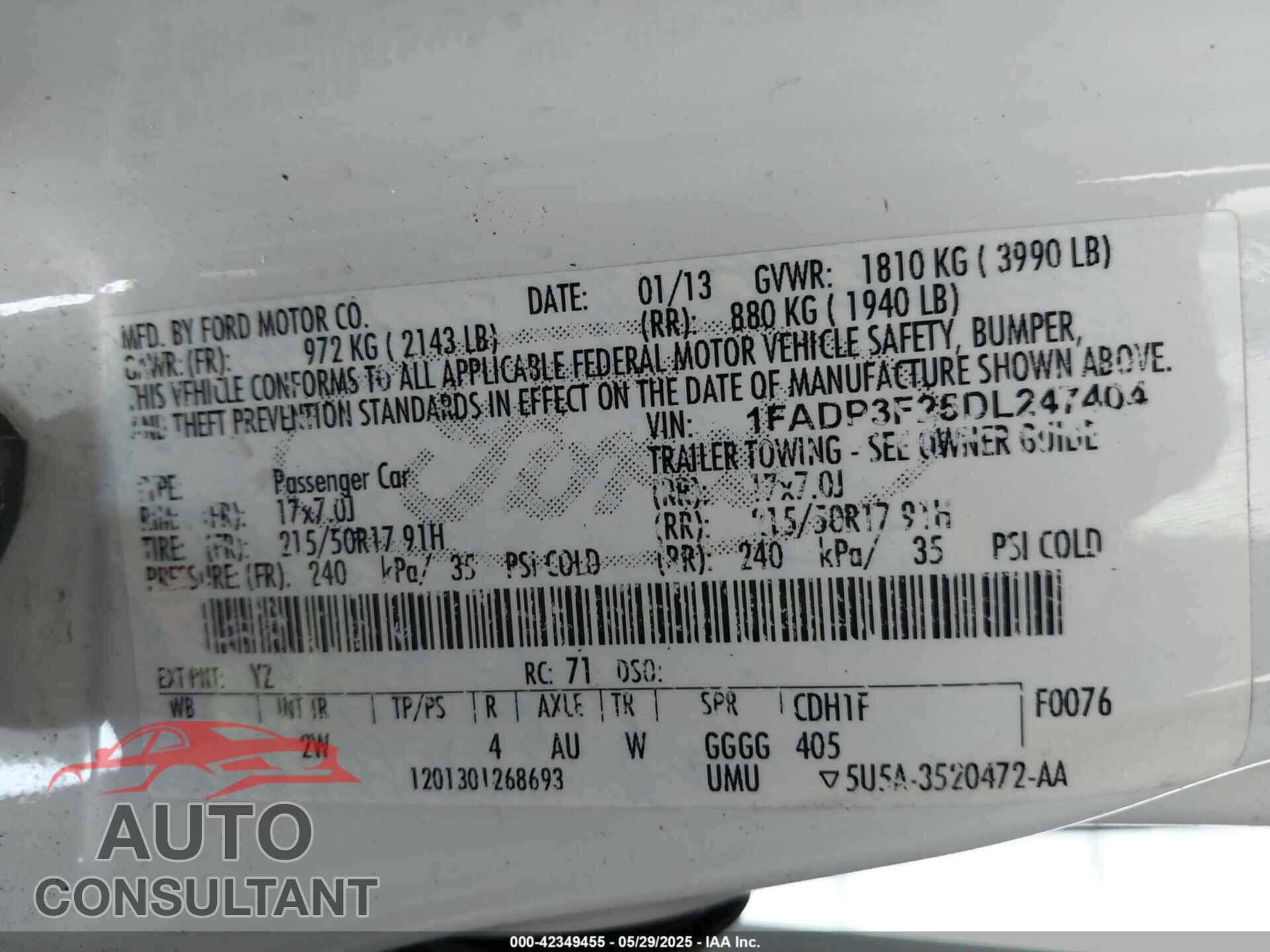 FORD FOCUS 2013 - 1FADP3F25DL247404