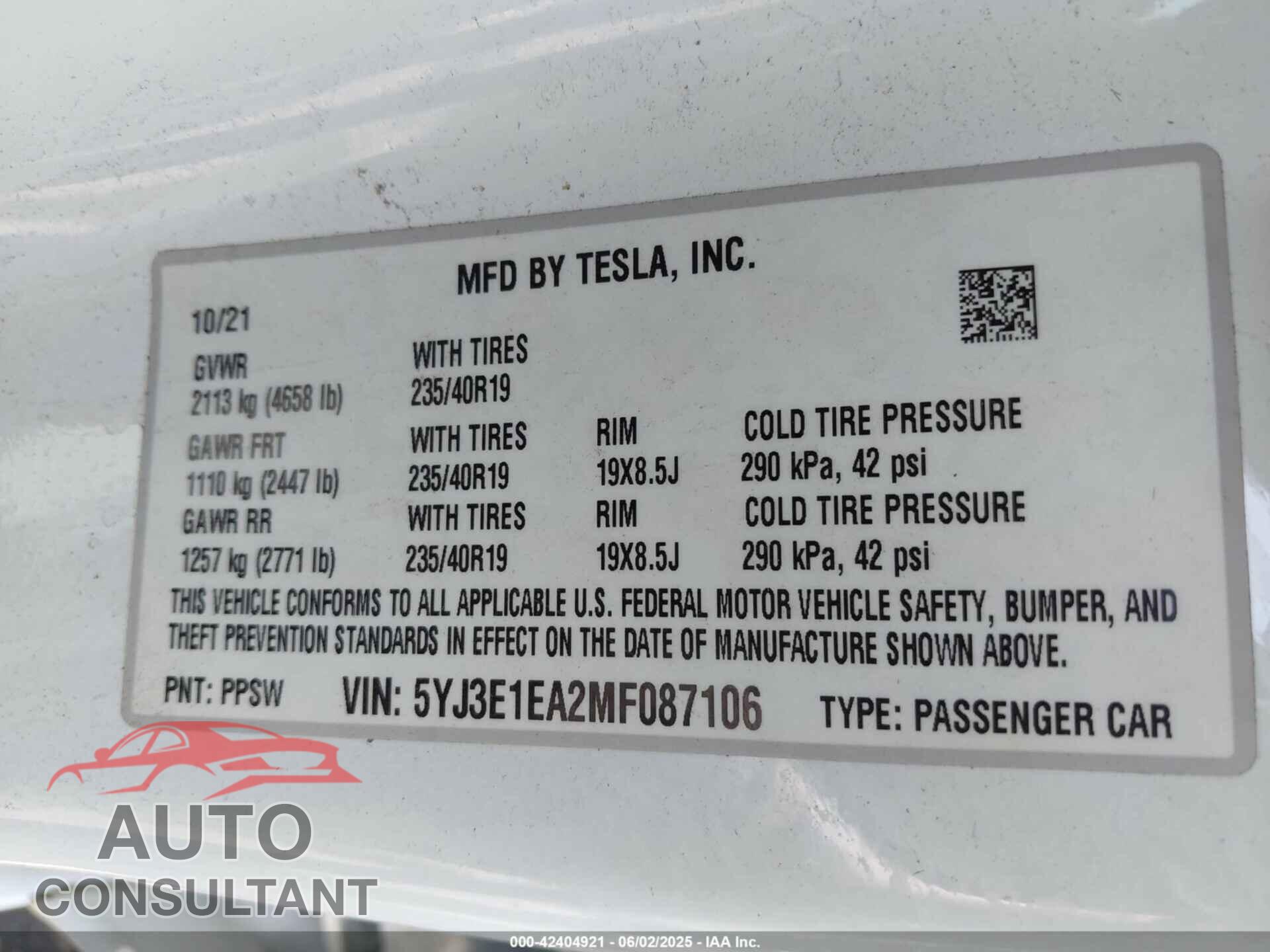 TESLA MODEL 3 2021 - 5YJ3E1EA2MF087106