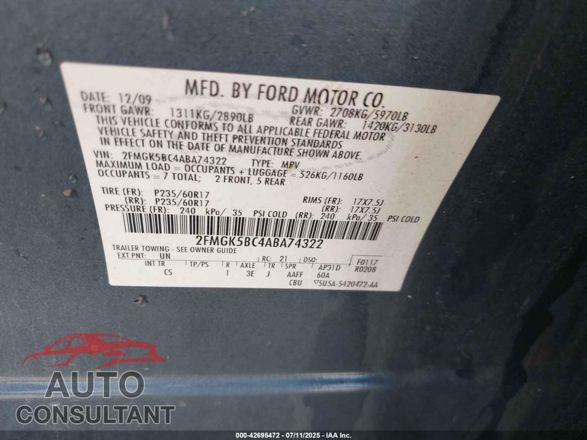 FORD FLEX 2010 - 2FMGK5BC4ABA74322