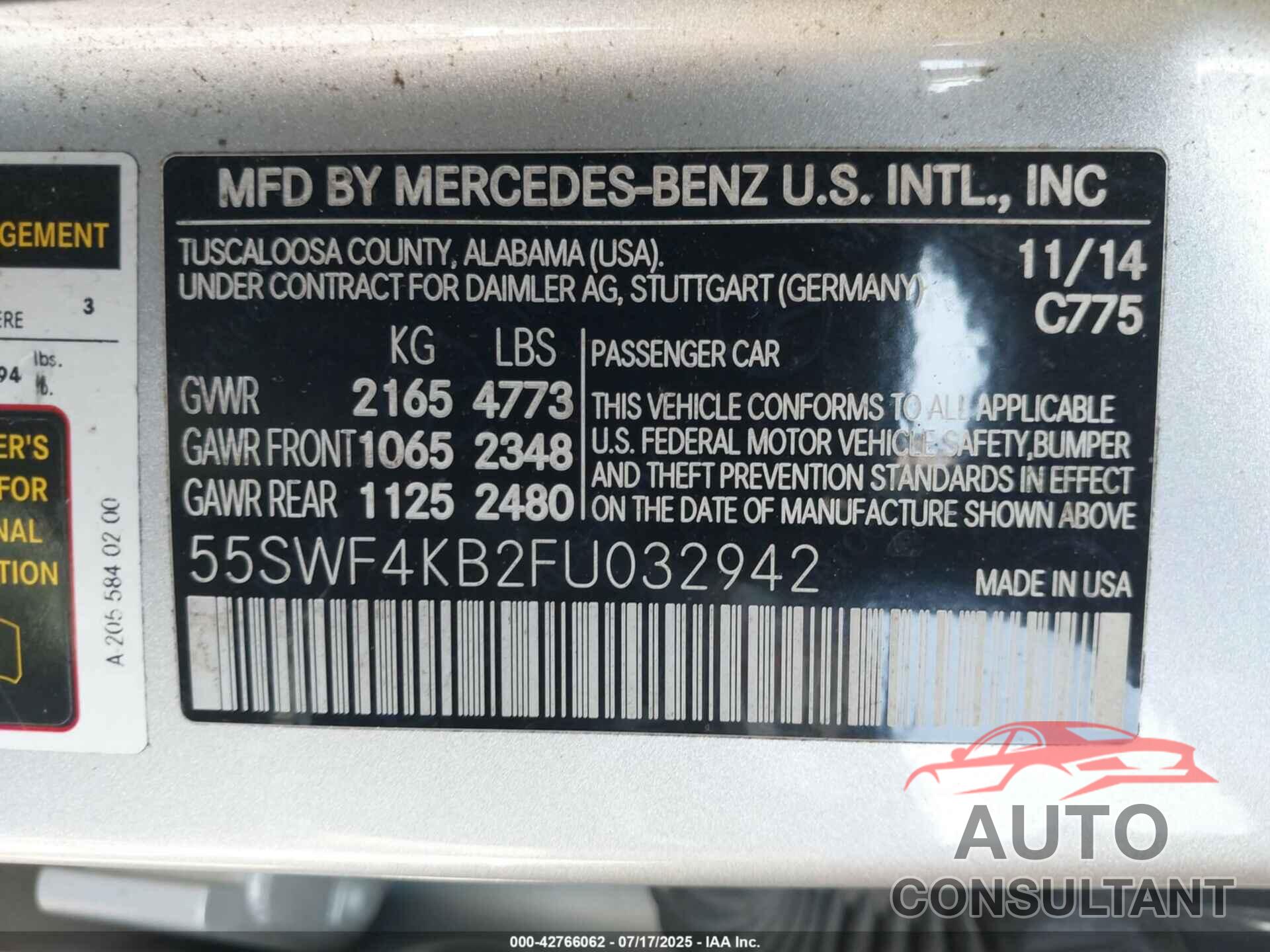 MERCEDES-BENZ C 2015 - 55SWF4KB2FU032942
