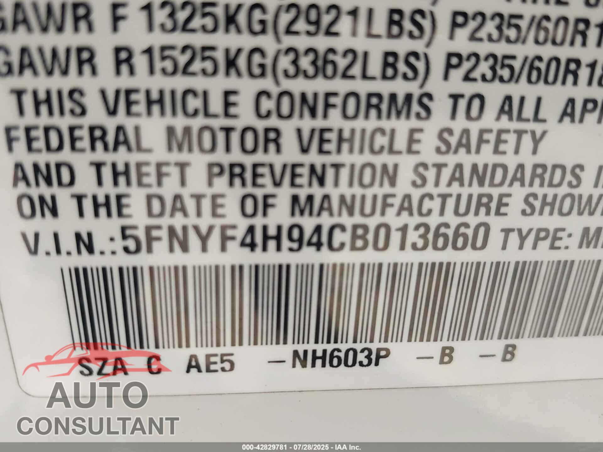 HONDA PILOT 2012 - 5FNYF4H94CB013660
