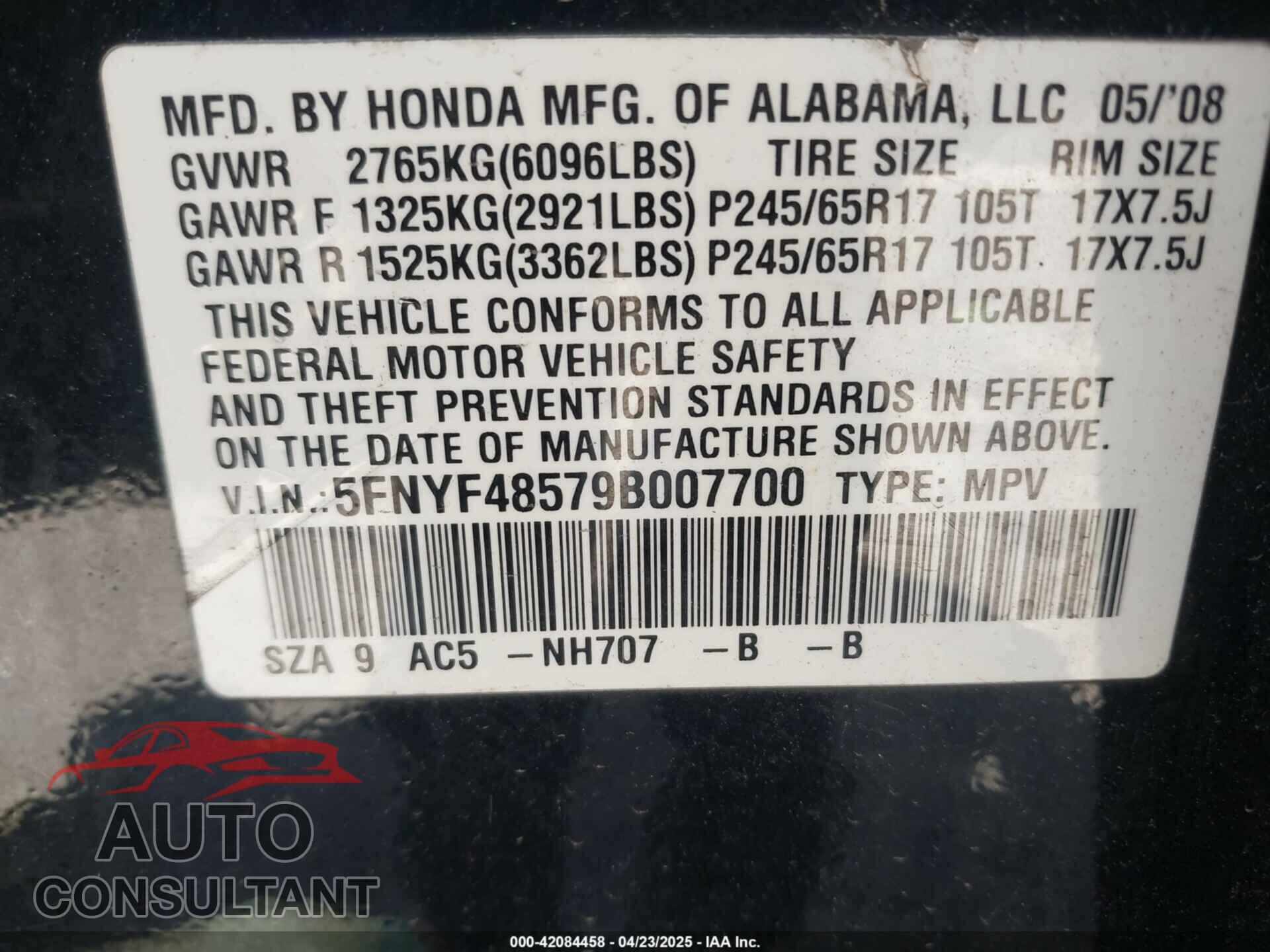 HONDA PILOT 2009 - 5FNYF48579B007700