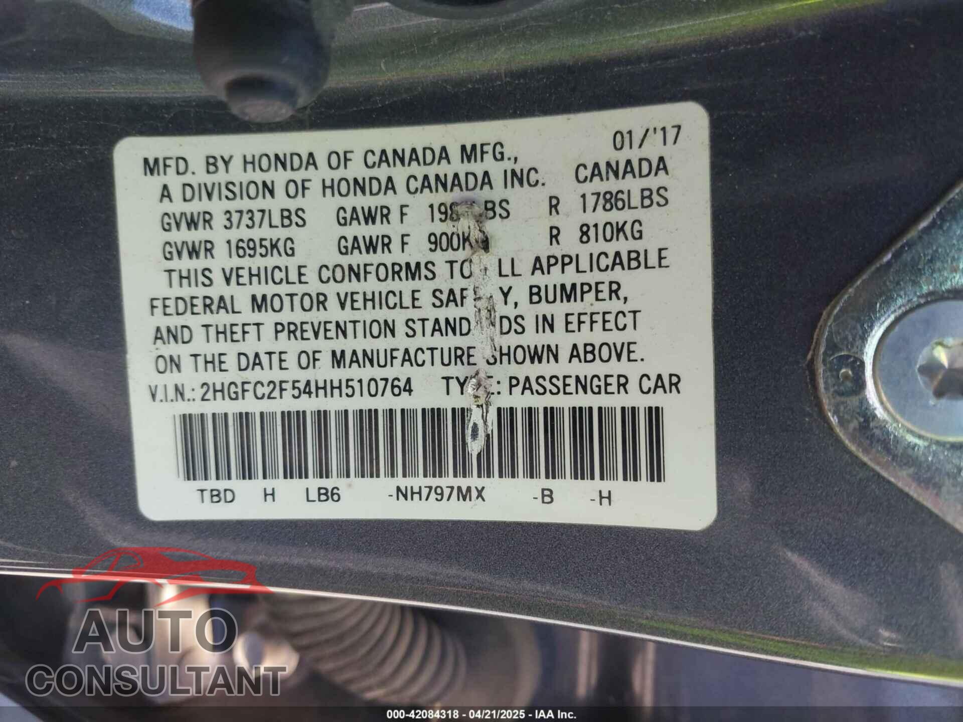 HONDA CIVIC 2017 - 2HGFC2F54HH510764