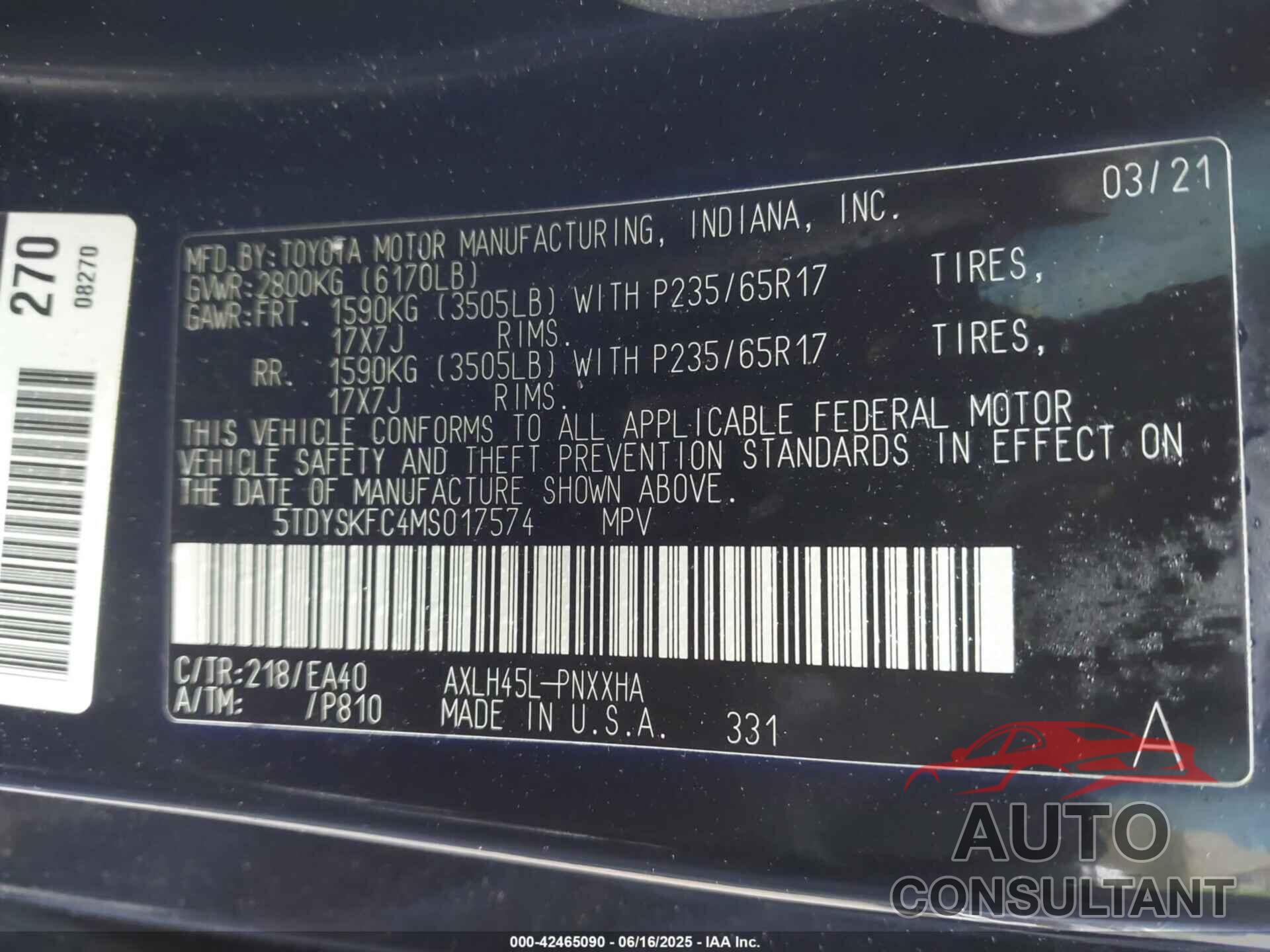TOYOTA SIENNA 2021 - 5TDYSKFC4MS017574