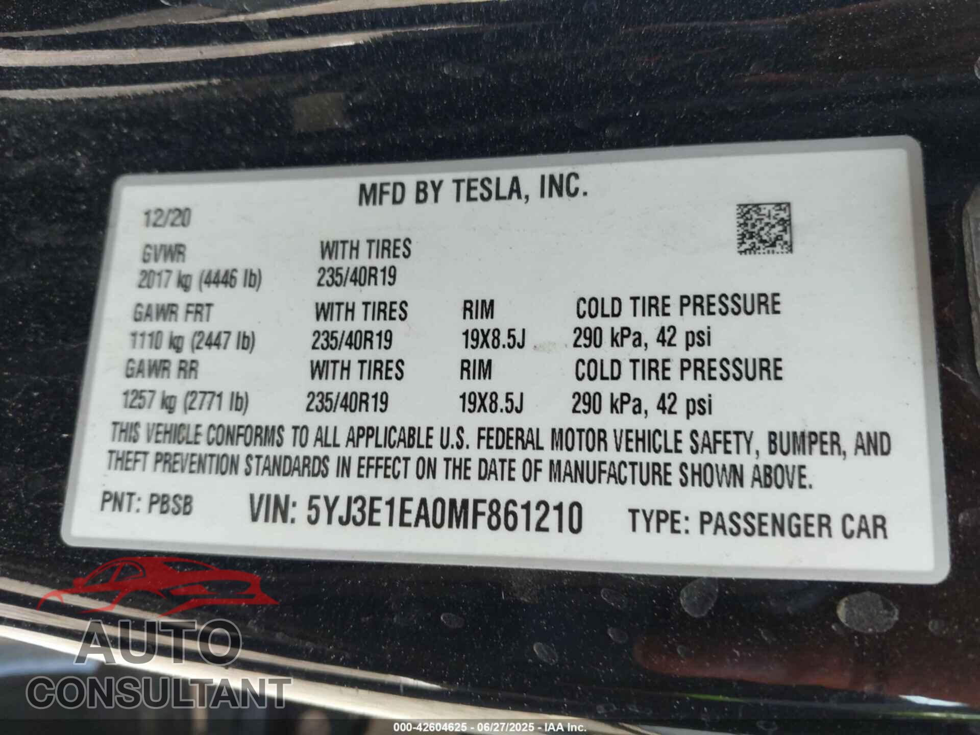 TESLA MODEL 3 2021 - 5YJ3E1EA0MF861210