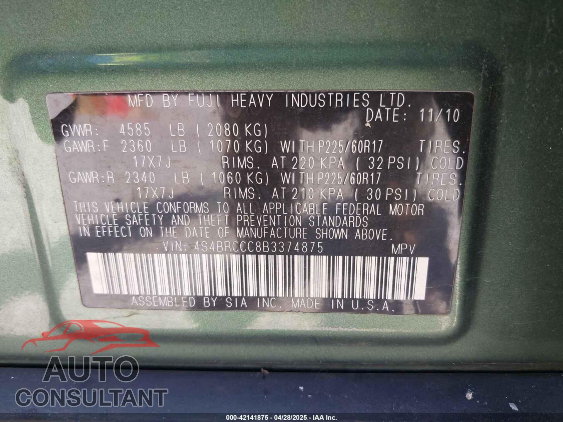 SUBARU OUTBACK 2011 - 4S4BRCCC8B3374875