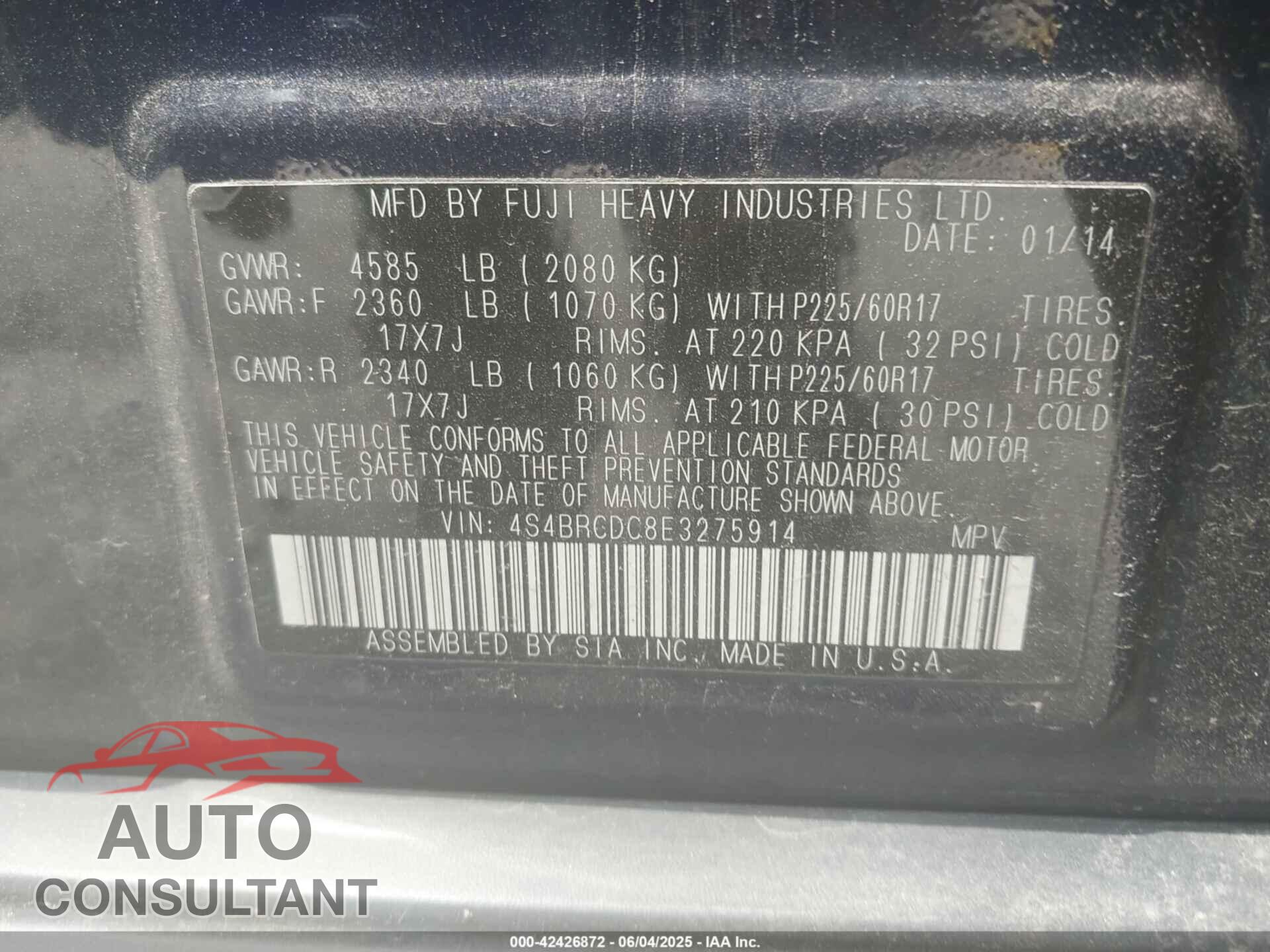 SUBARU OUTBACK 2014 - 4S4BRCDC8E3275914