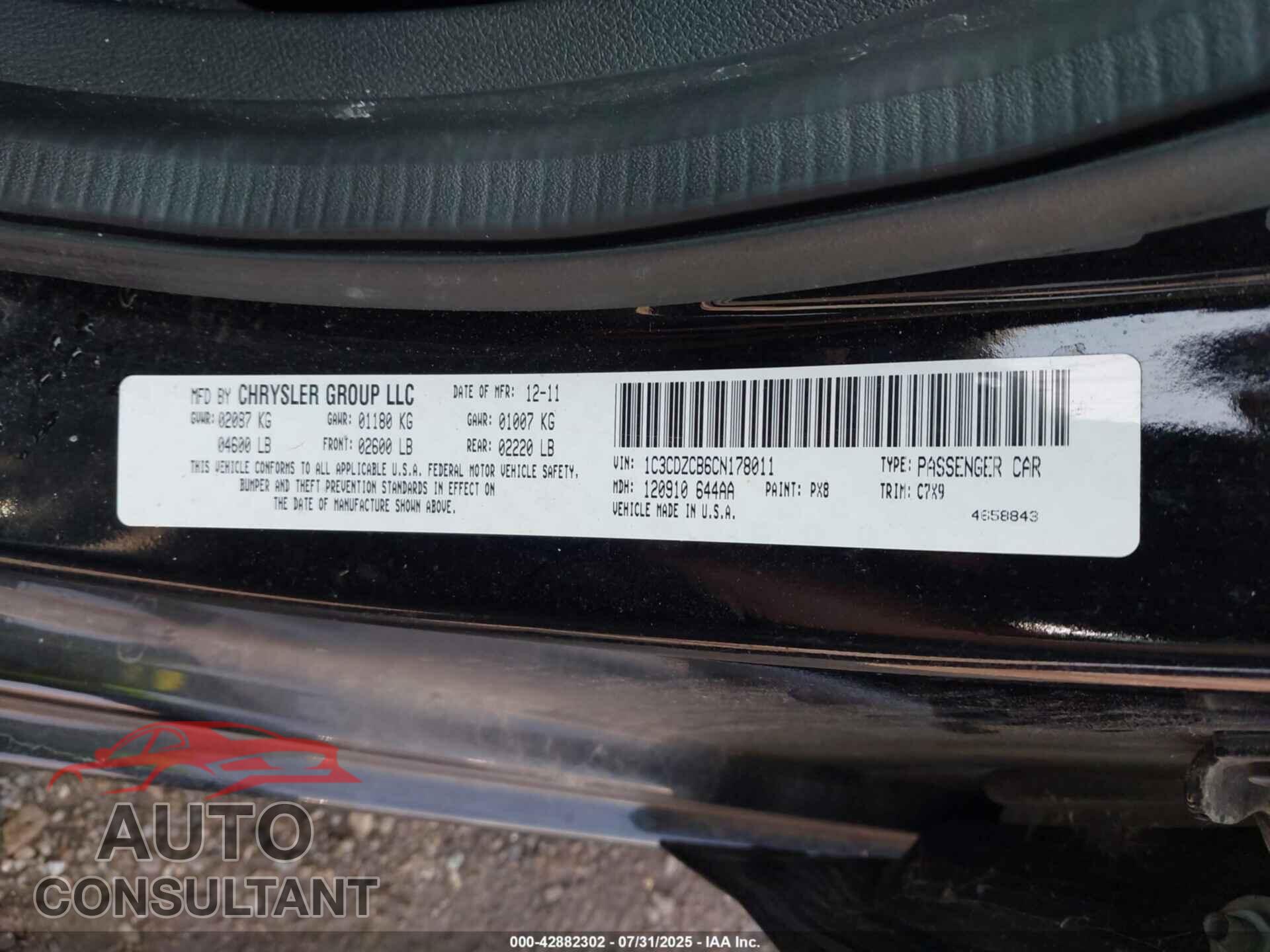 DODGE AVENGER 2012 - 1C3CDZCB6CN178011