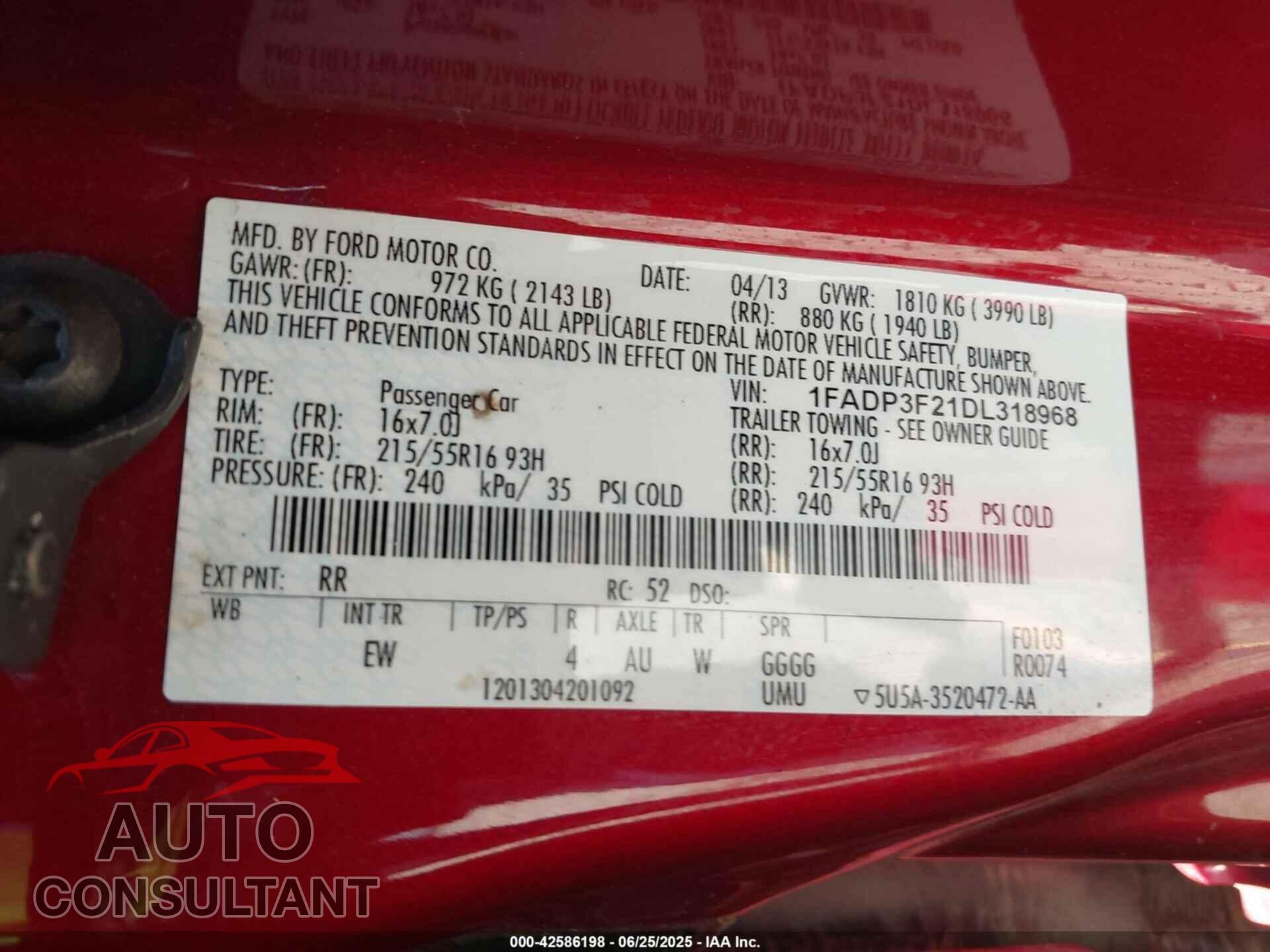 FORD FOCUS 2013 - 1FADP3F21DL318968