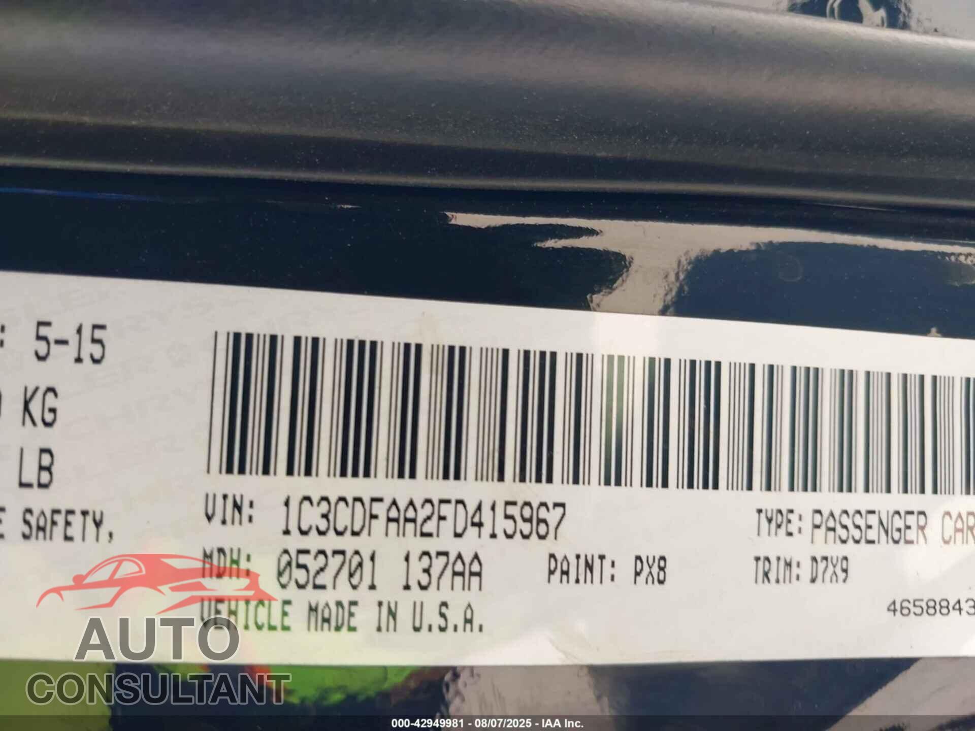 DODGE DART 2015 - 1C3CDFAA2FD415967