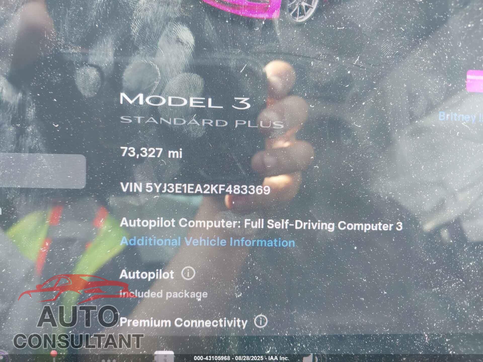 TESLA MODEL 3 2019 - 5YJ3E1EA2KF483369