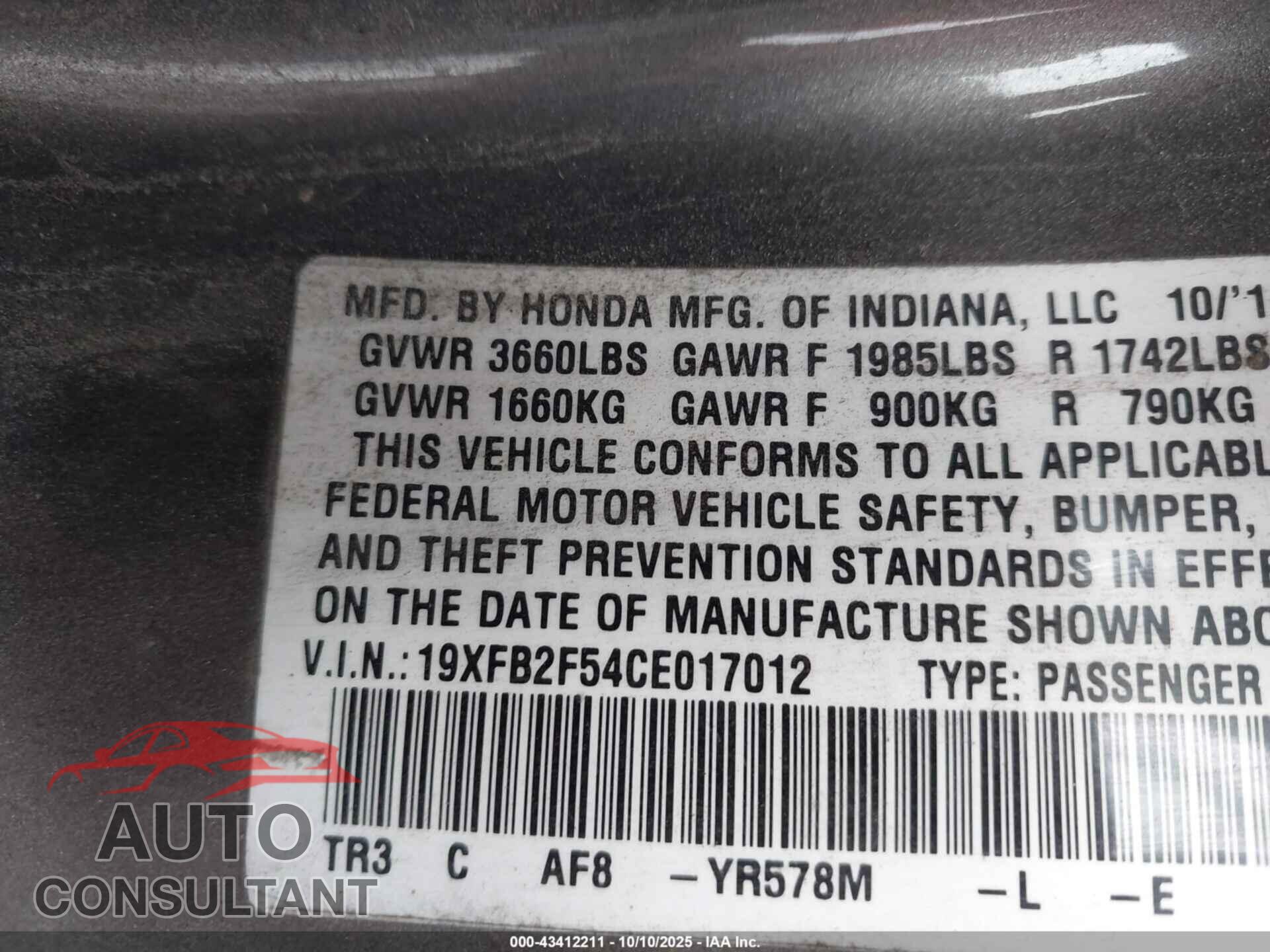 HONDA CIVIC 2012 - 19XFB2F54CE017012