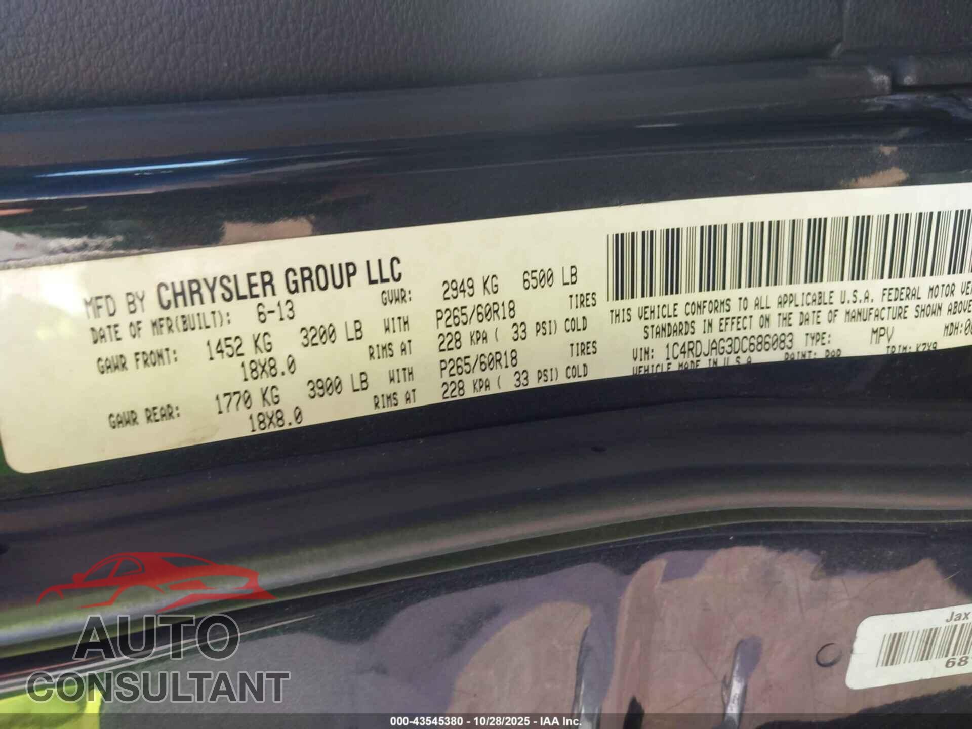 DODGE DURANGO 2013 - 1C4RDJAG3DC686083