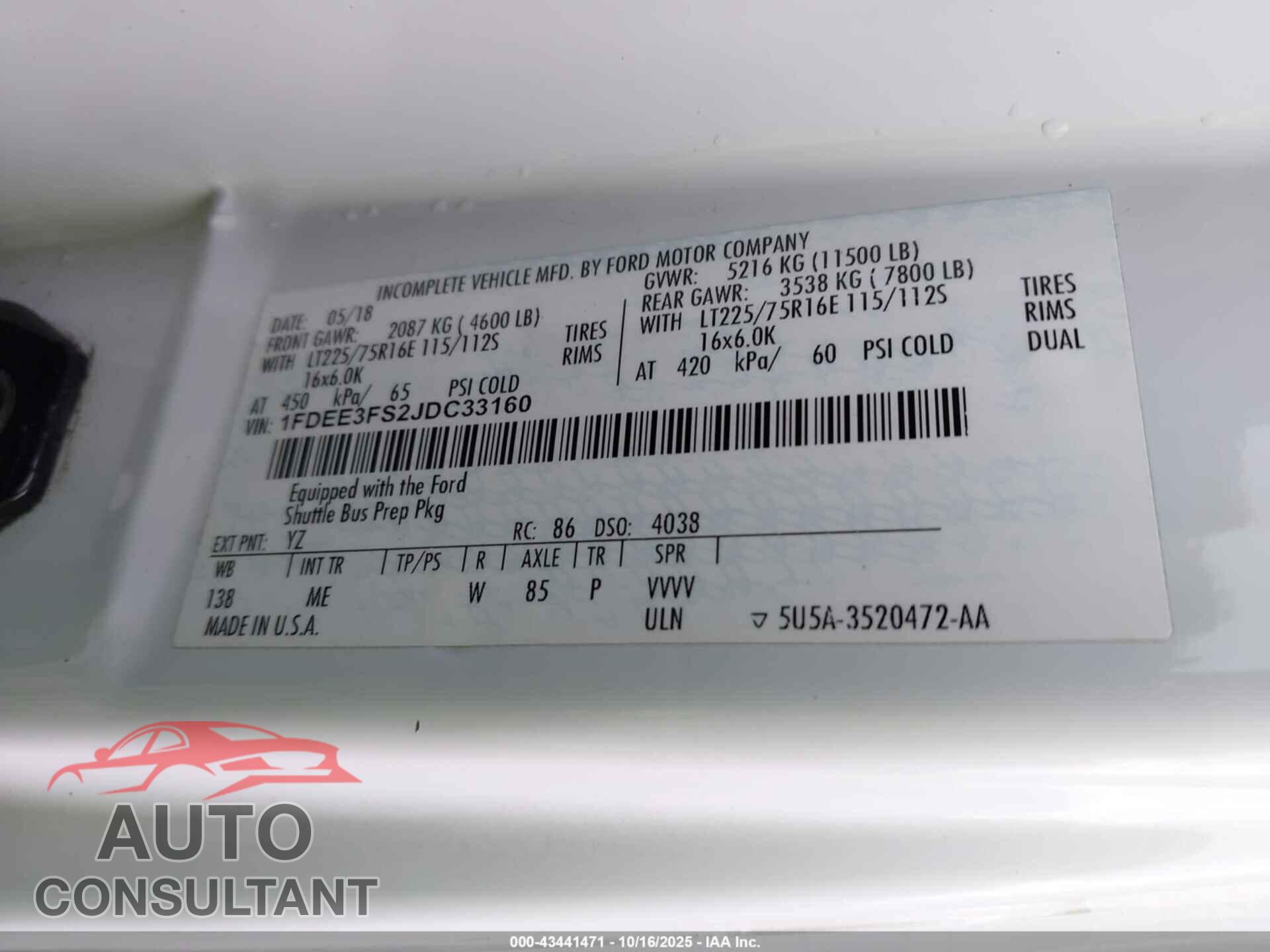 FORD E-350 CUTAWAY 2018 - 1FDEE3FS2JDC33160