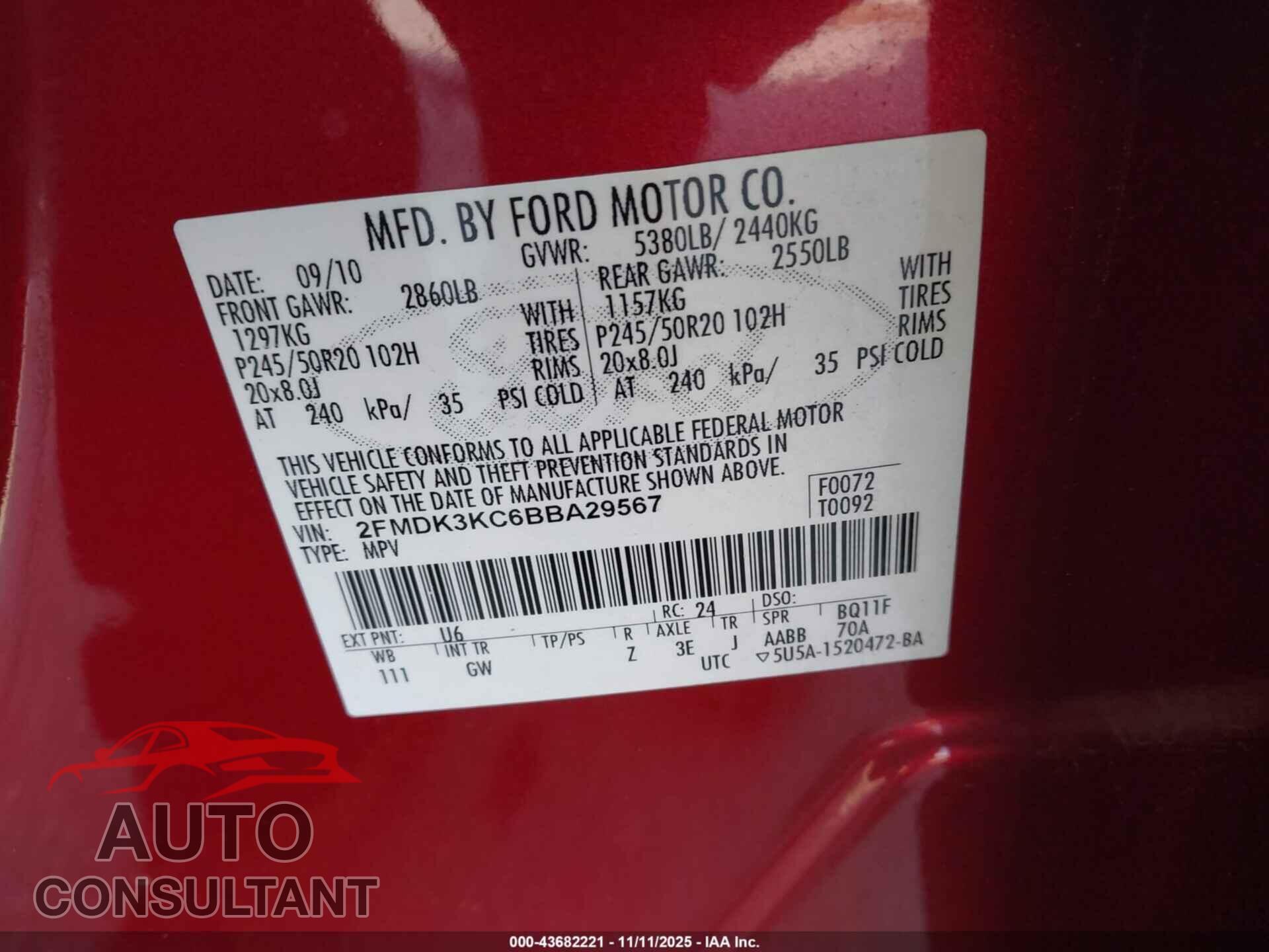 FORD EDGE 2011 - 2FMDK3KC6BBA29567