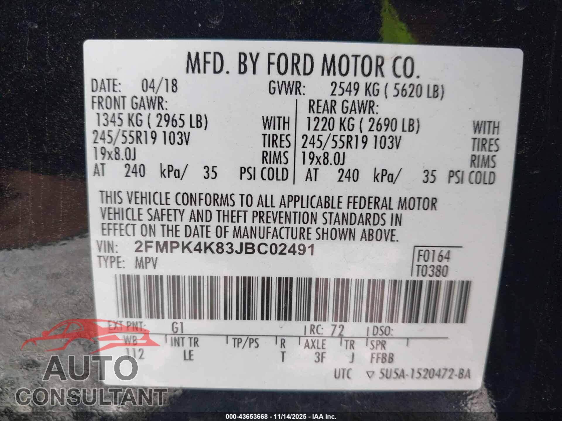 FORD EDGE 2018 - 2FMPK4K83JBC02491