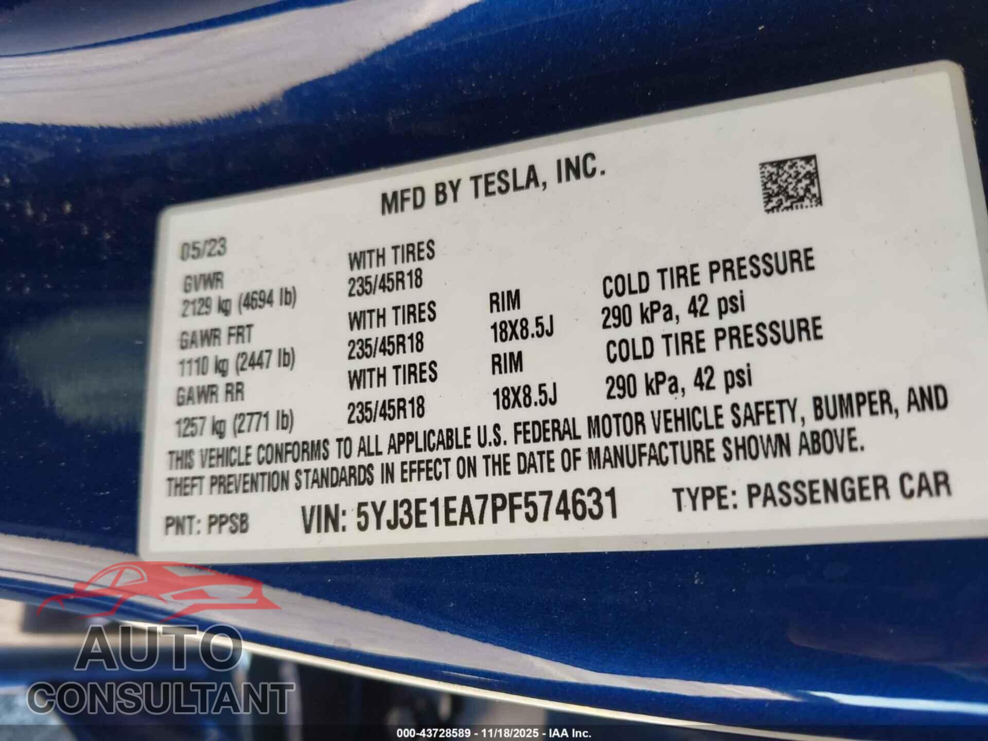 TESLA MODEL 3 2023 - 5YJ3E1EA7PF574631