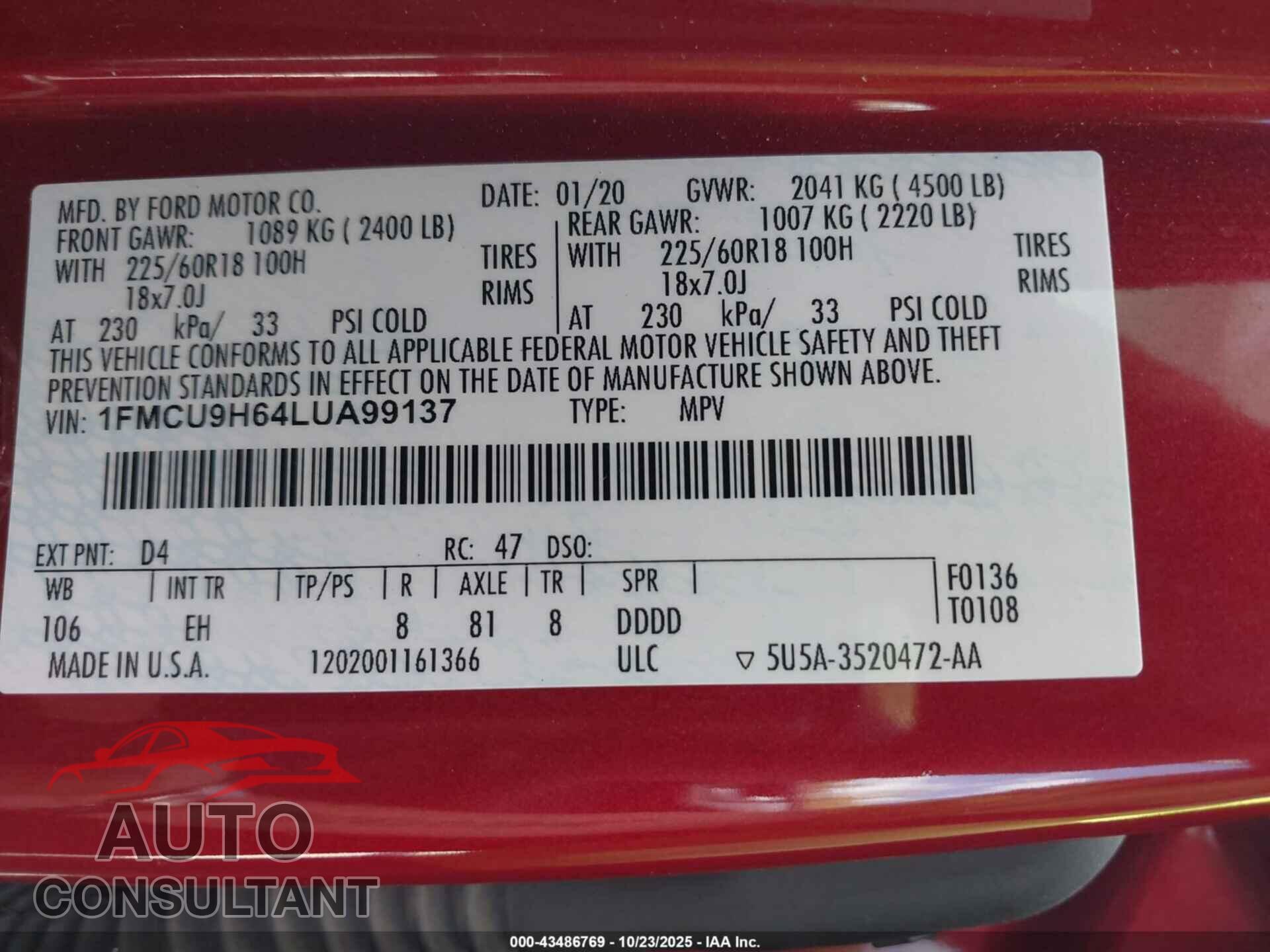 FORD ESCAPE 2020 - 1FMCU9H64LUA99137