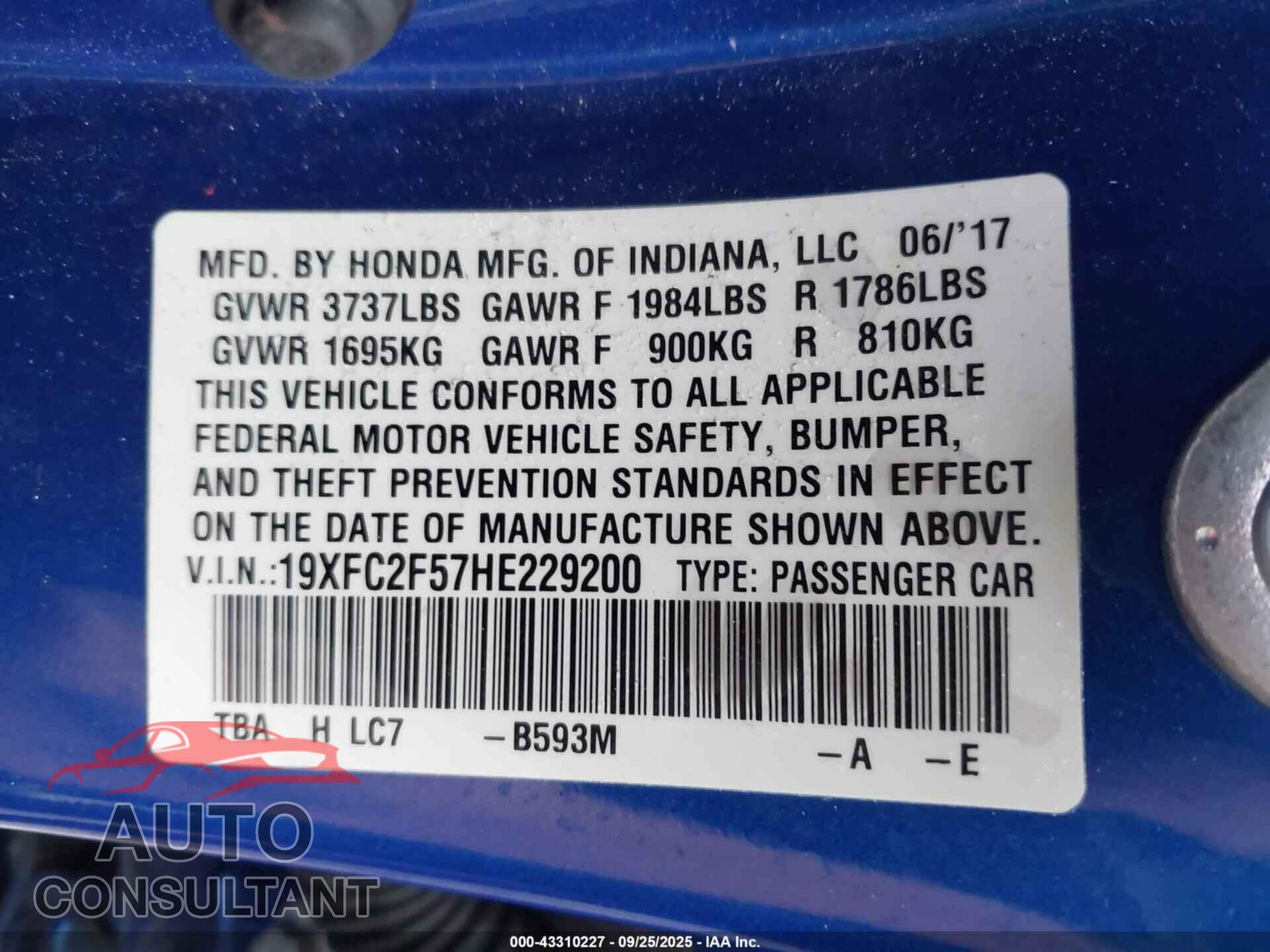 HONDA CIVIC 2017 - 19XFC2F57HE229200