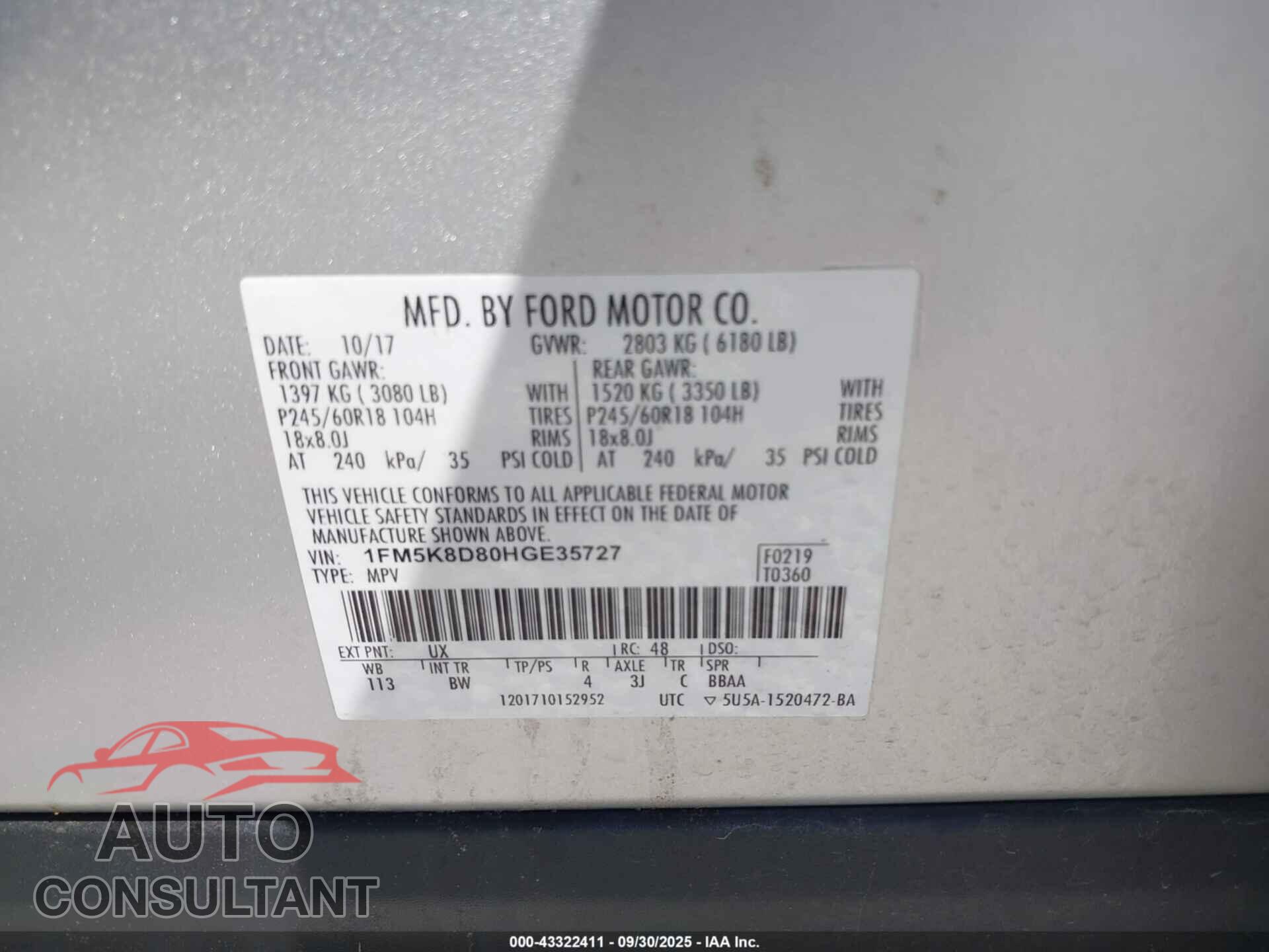 FORD EXPLORER 2017 - 1FM5K8D80HGE35727