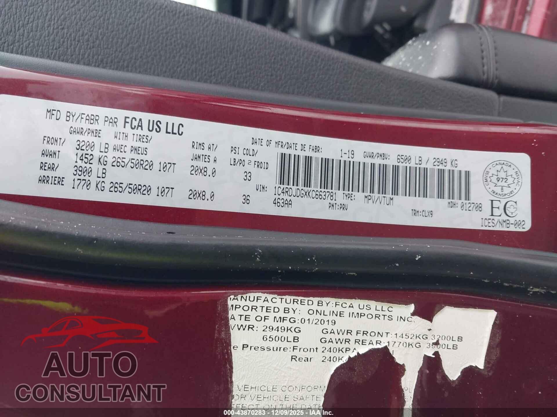 DODGE DURANGO 2019 - 1C4RDJDGXKC663781