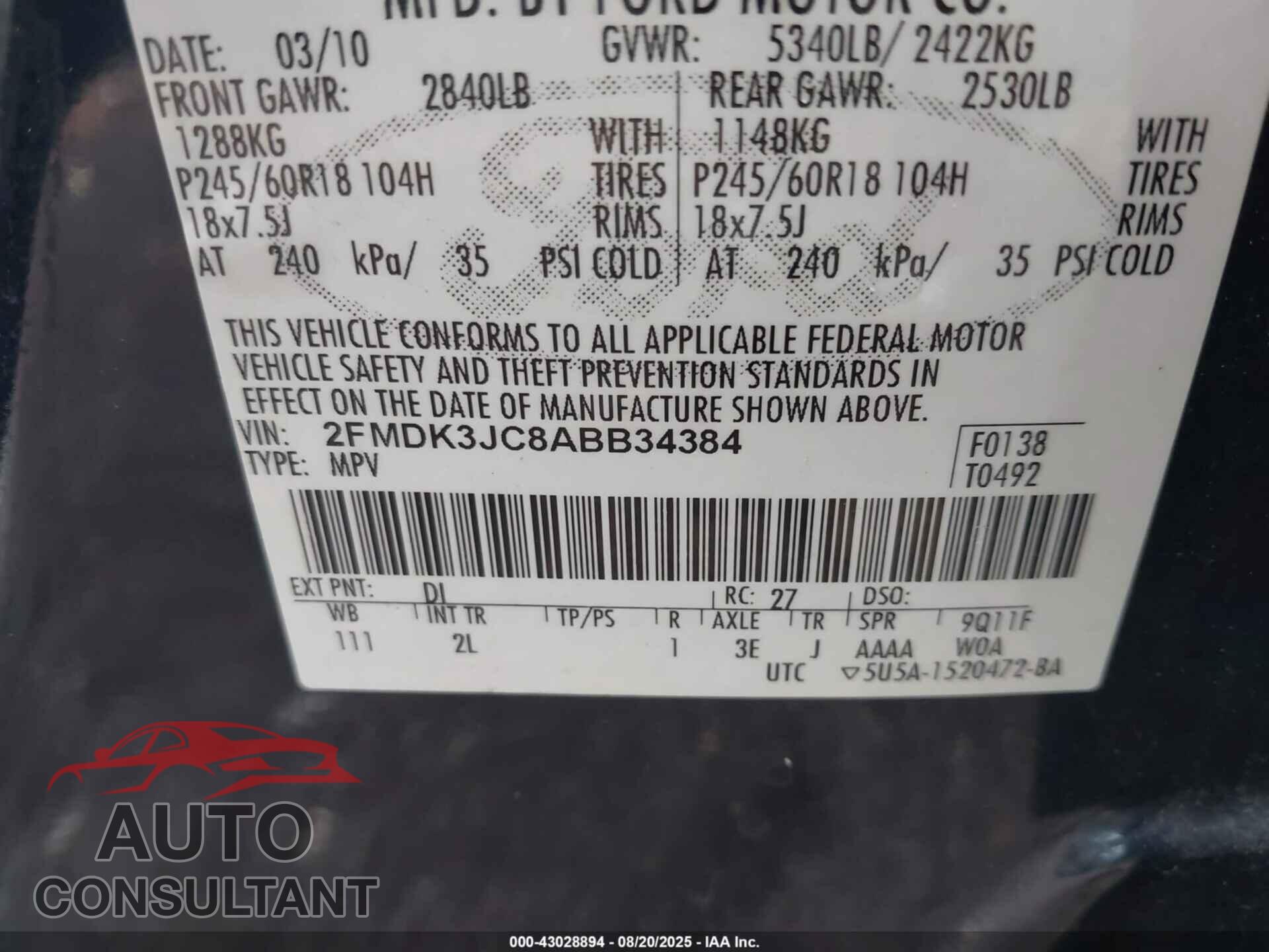 FORD EDGE 2010 - 2FMDK3JC8ABB34384