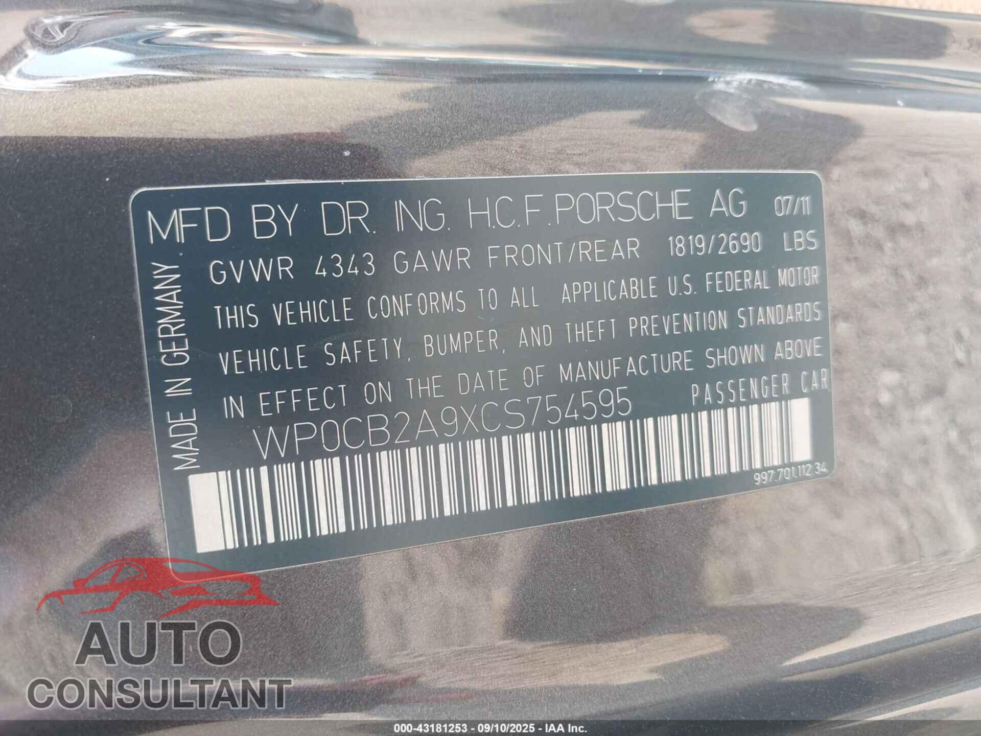 PORSCHE 911 2012 - WP0CB2A9XCS754595