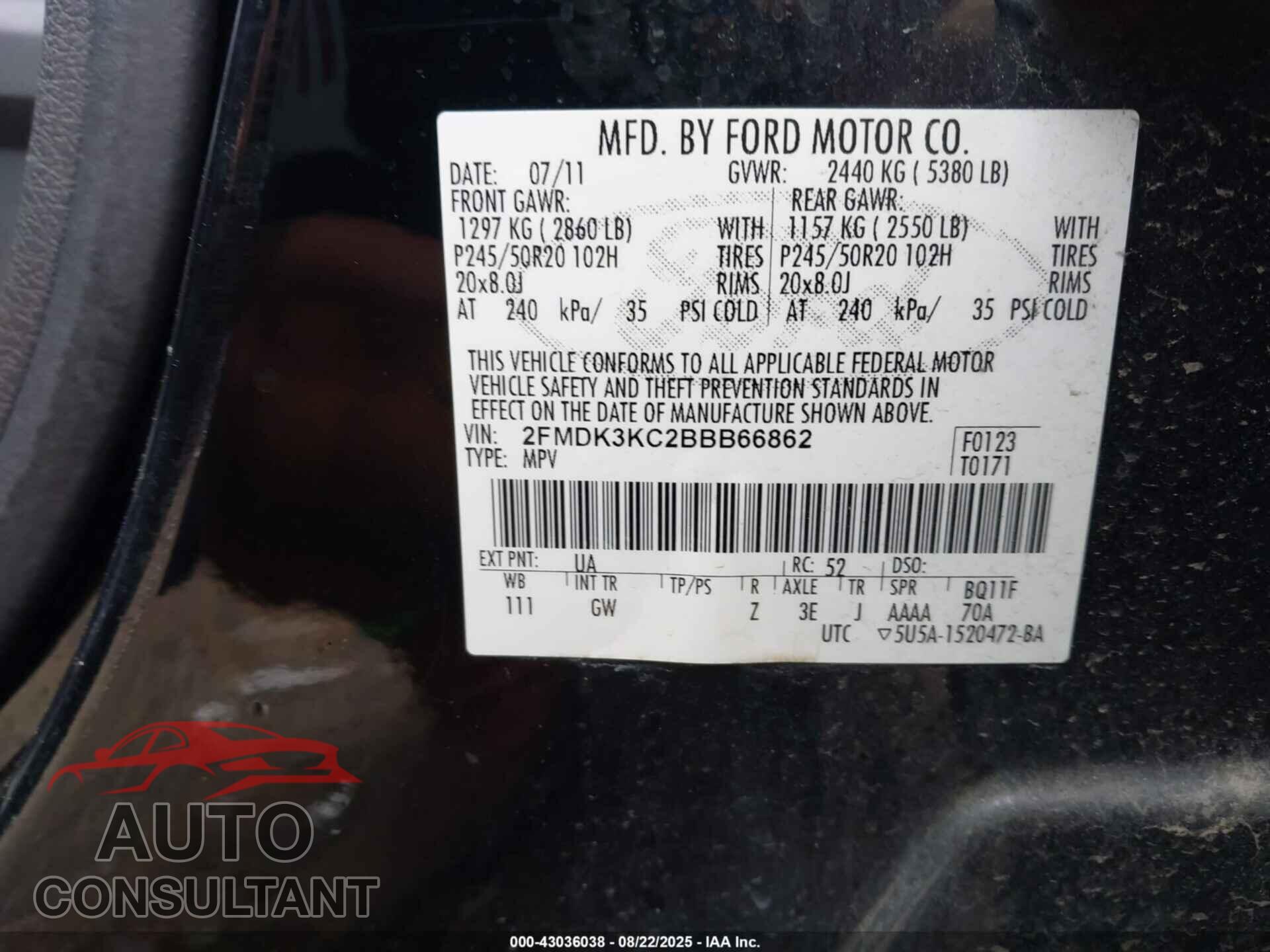 FORD EDGE 2011 - 2FMDK3KC2BBB66862