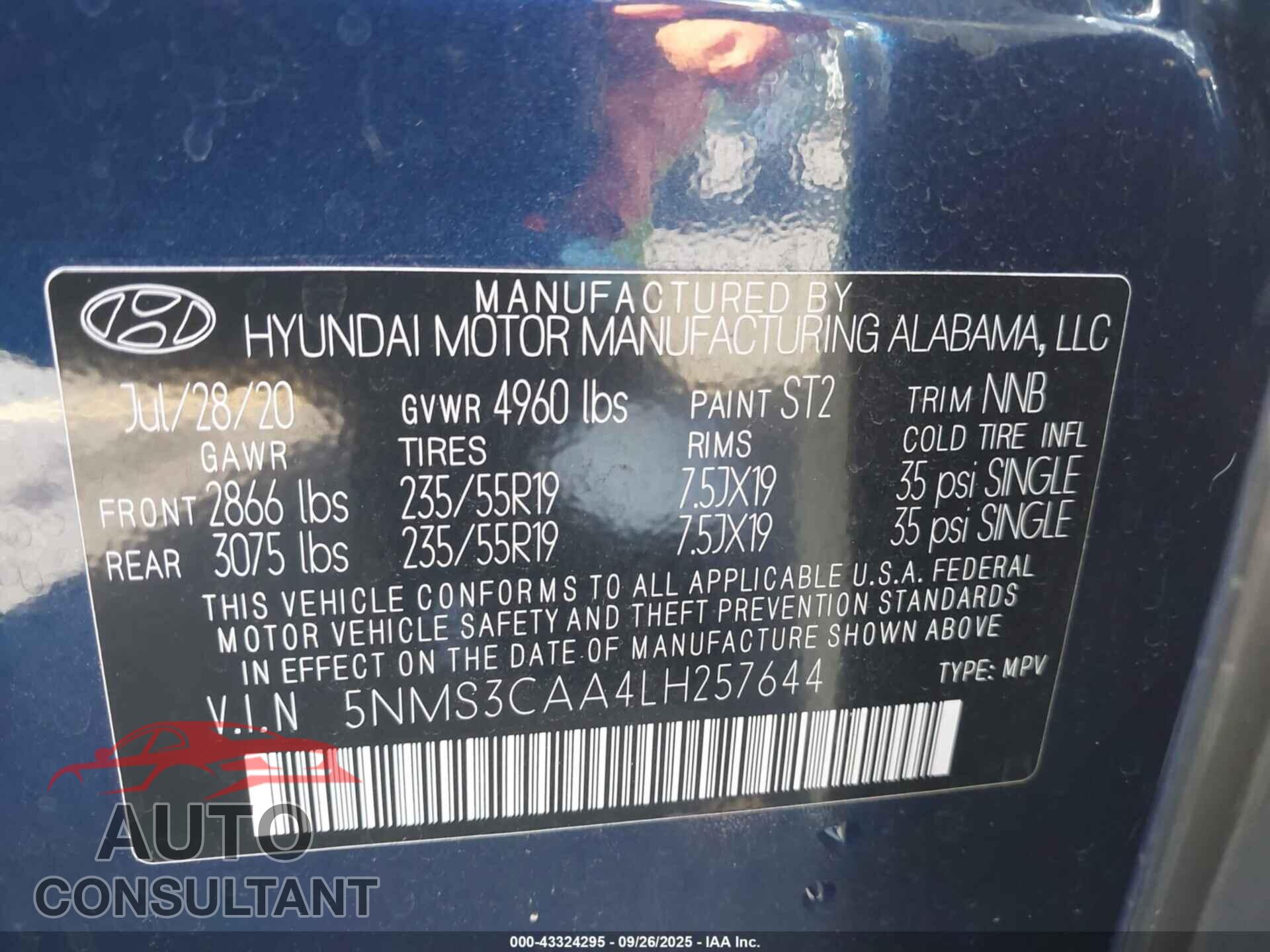 HYUNDAI SANTA FE 2020 - 5NMS3CAA4LH257644