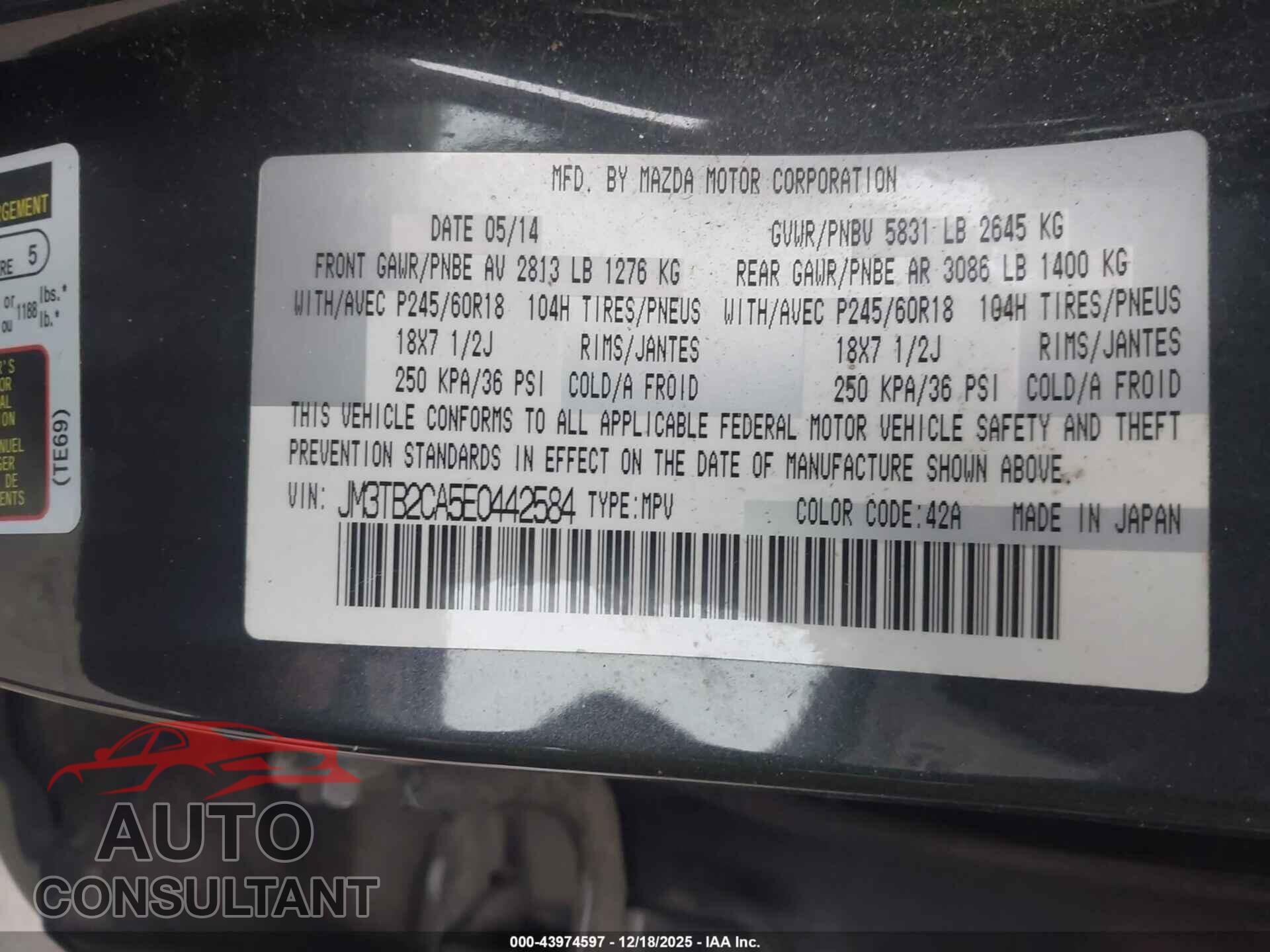 MAZDA CX-9 2014 - JM3TB2CA5E0442584