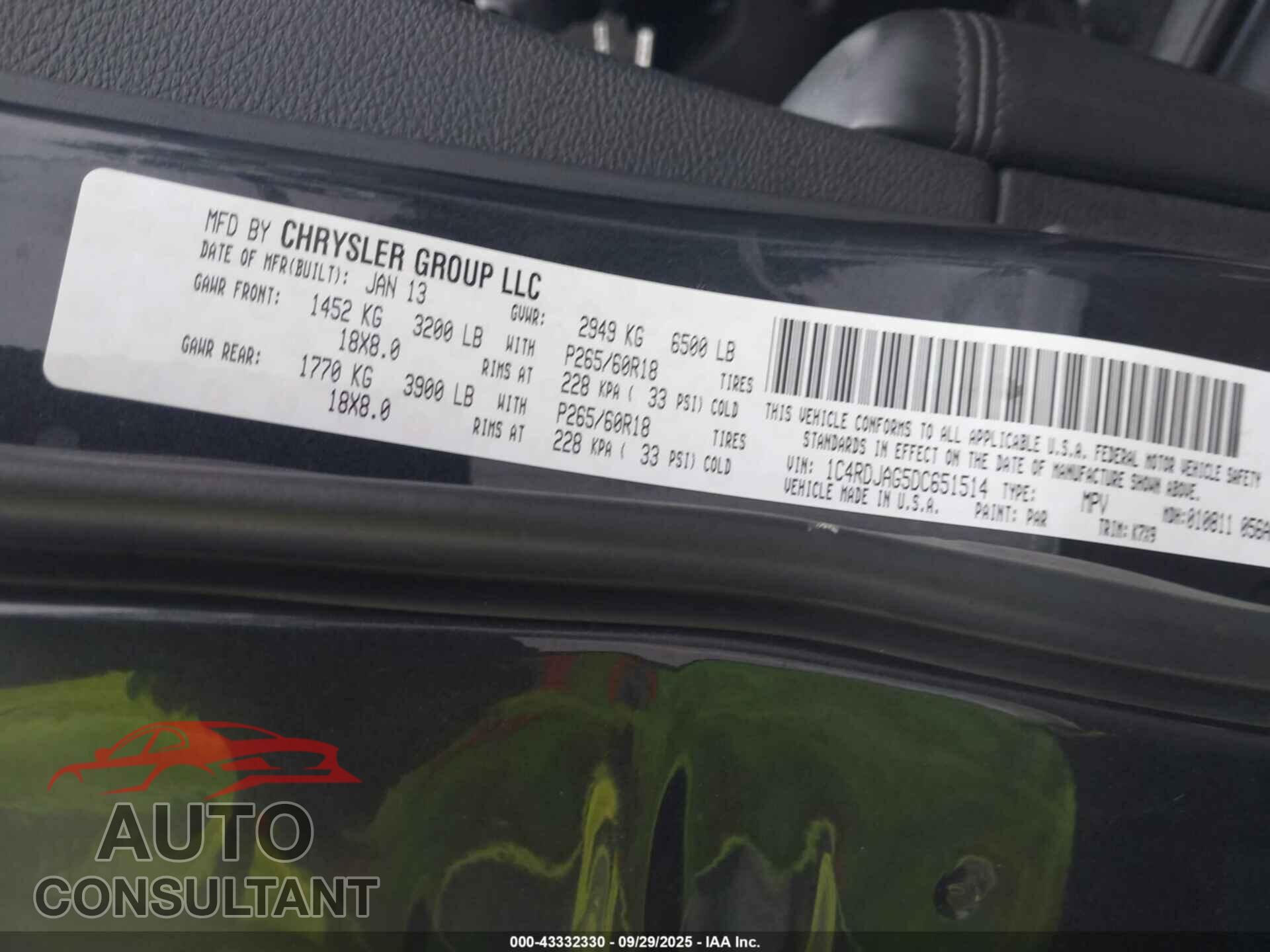 DODGE DURANGO 2013 - 1C4RDJAG5DC651514