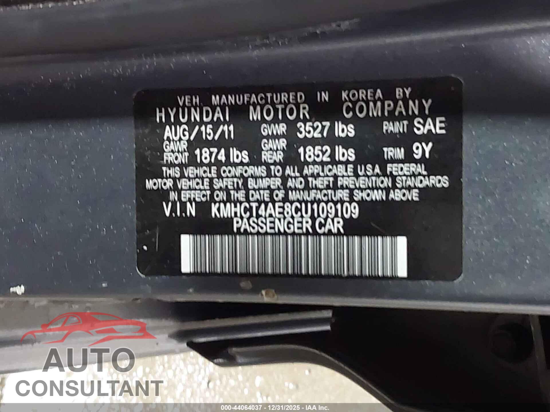 HYUNDAI ACCENT 2012 - KMHCT4AE8CU109109