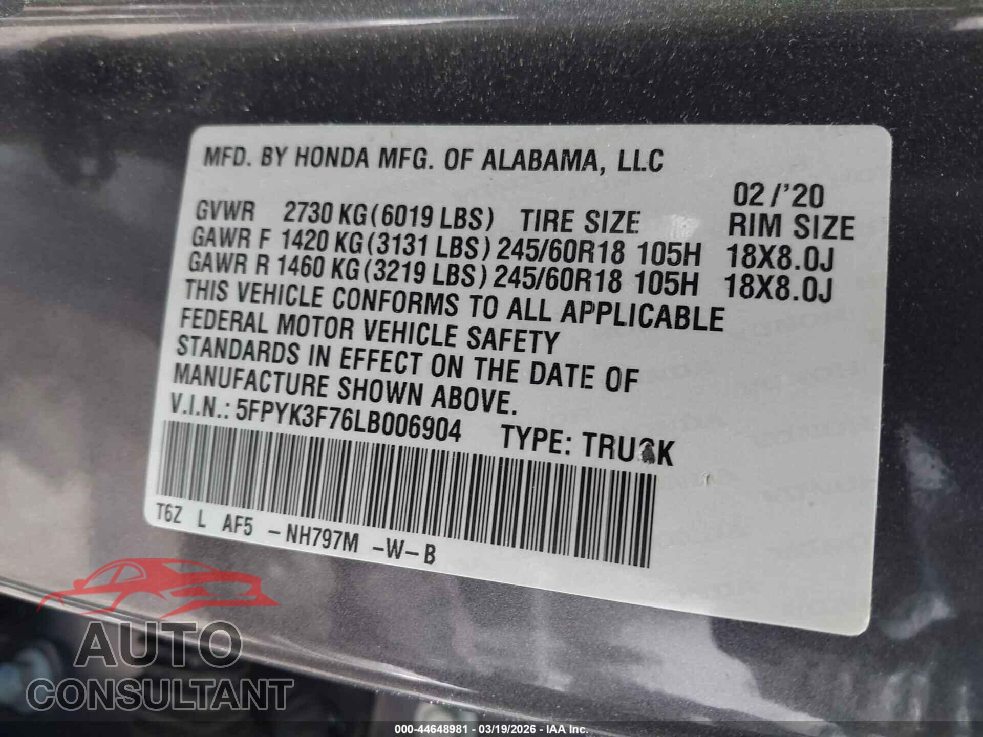 HONDA RIDGELINE 2020 - 5FPYK3F76LB006904