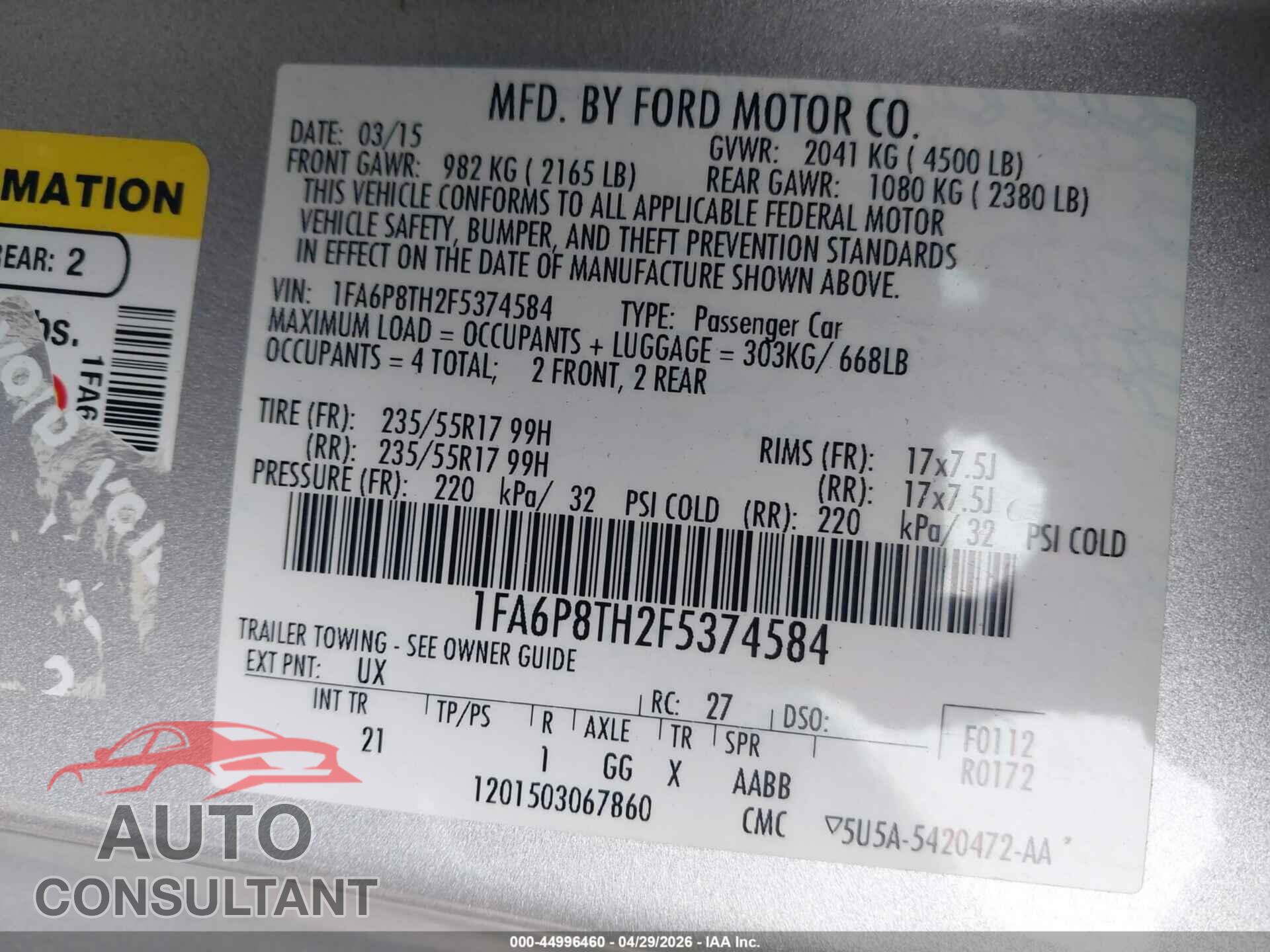 FORD MUSTANG 2015 - 1FA6P8TH2F5374584