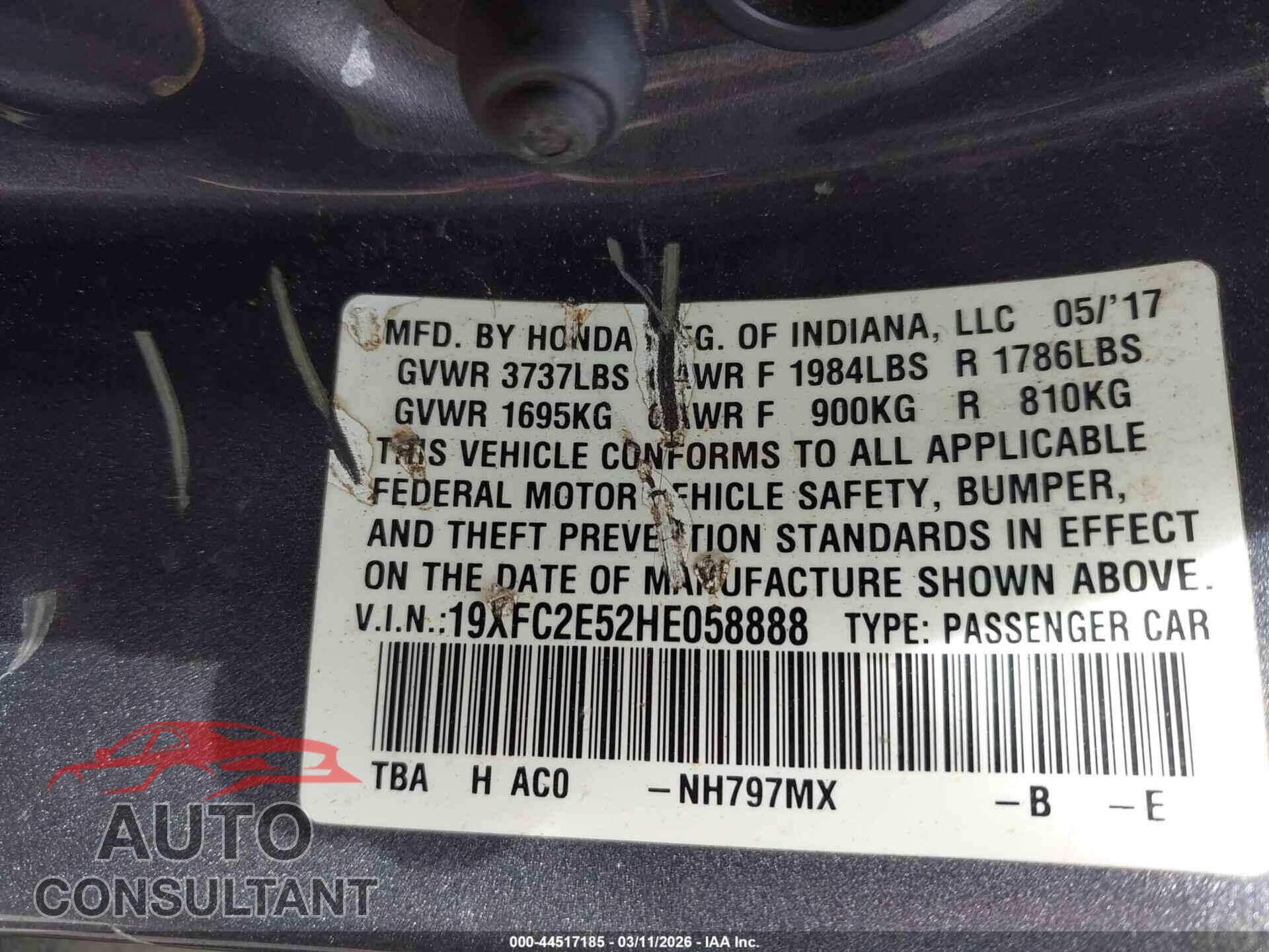 HONDA CIVIC 2017 - 19XFC2E52HE058888