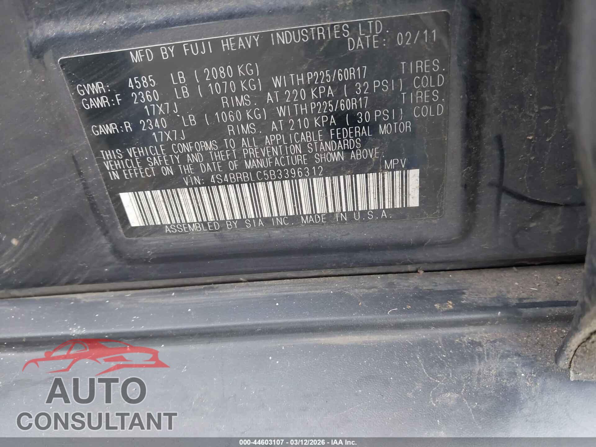 SUBARU OUTBACK 2011 - 4S4BRBLC5B3396312
