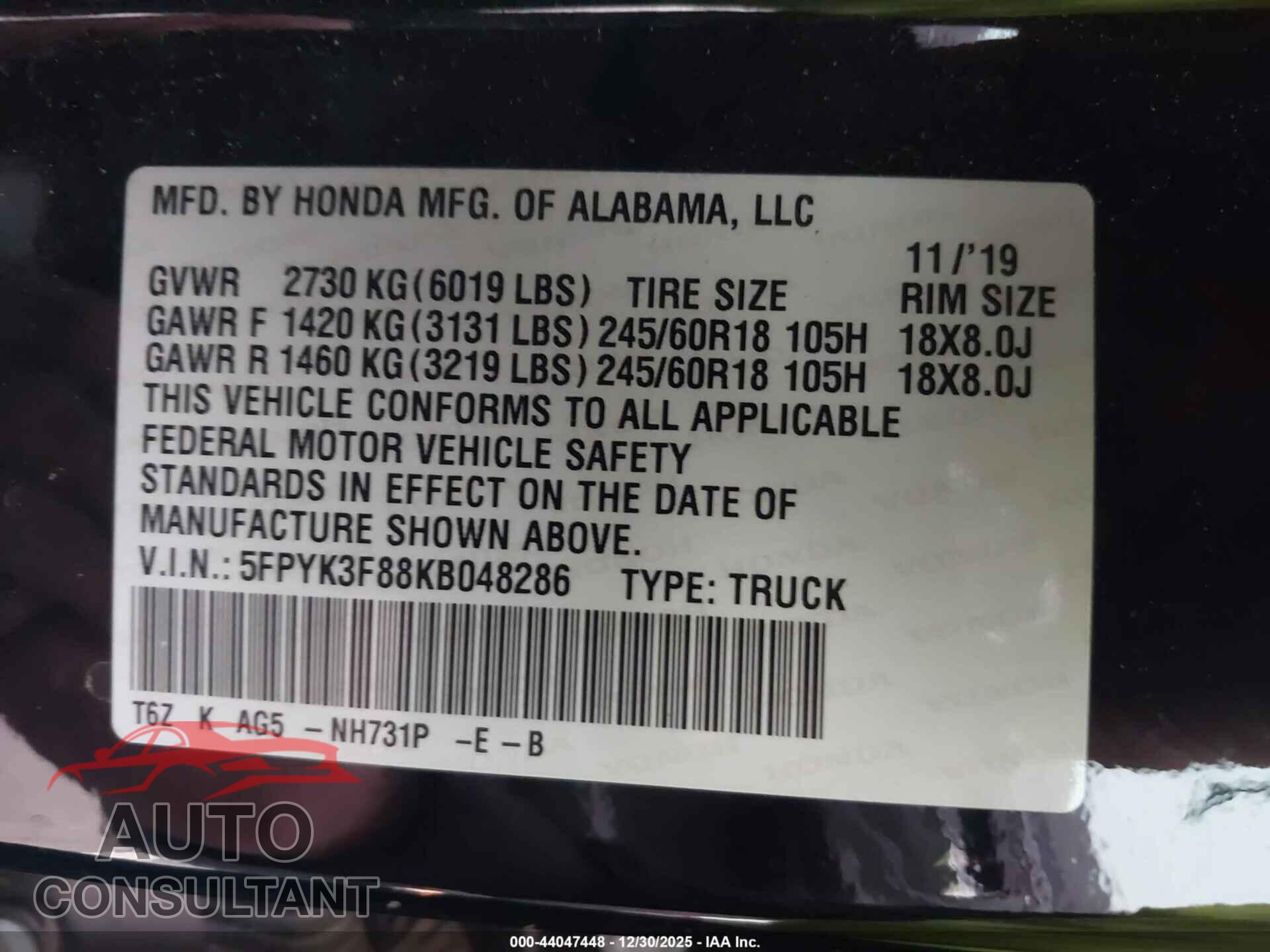 HONDA RIDGELINE 2019 - 5FPYK3F88KB048286