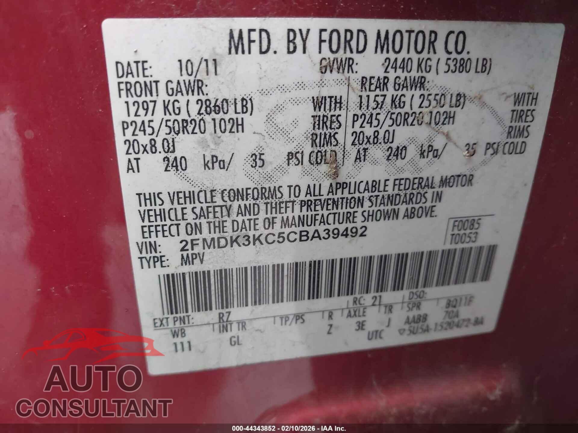 FORD EDGE 2012 - 2FMDK3KC5CBA39492