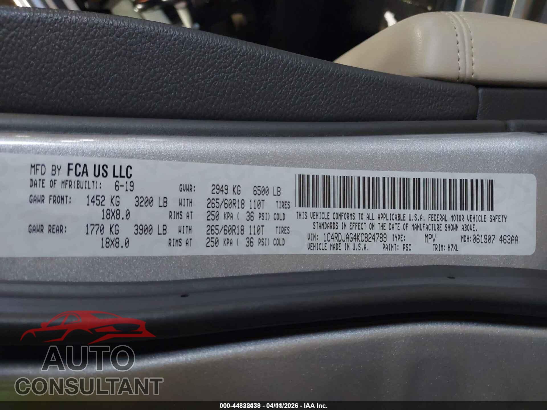 DODGE DURANGO 2019 - 1C4RDJAG4KC824789